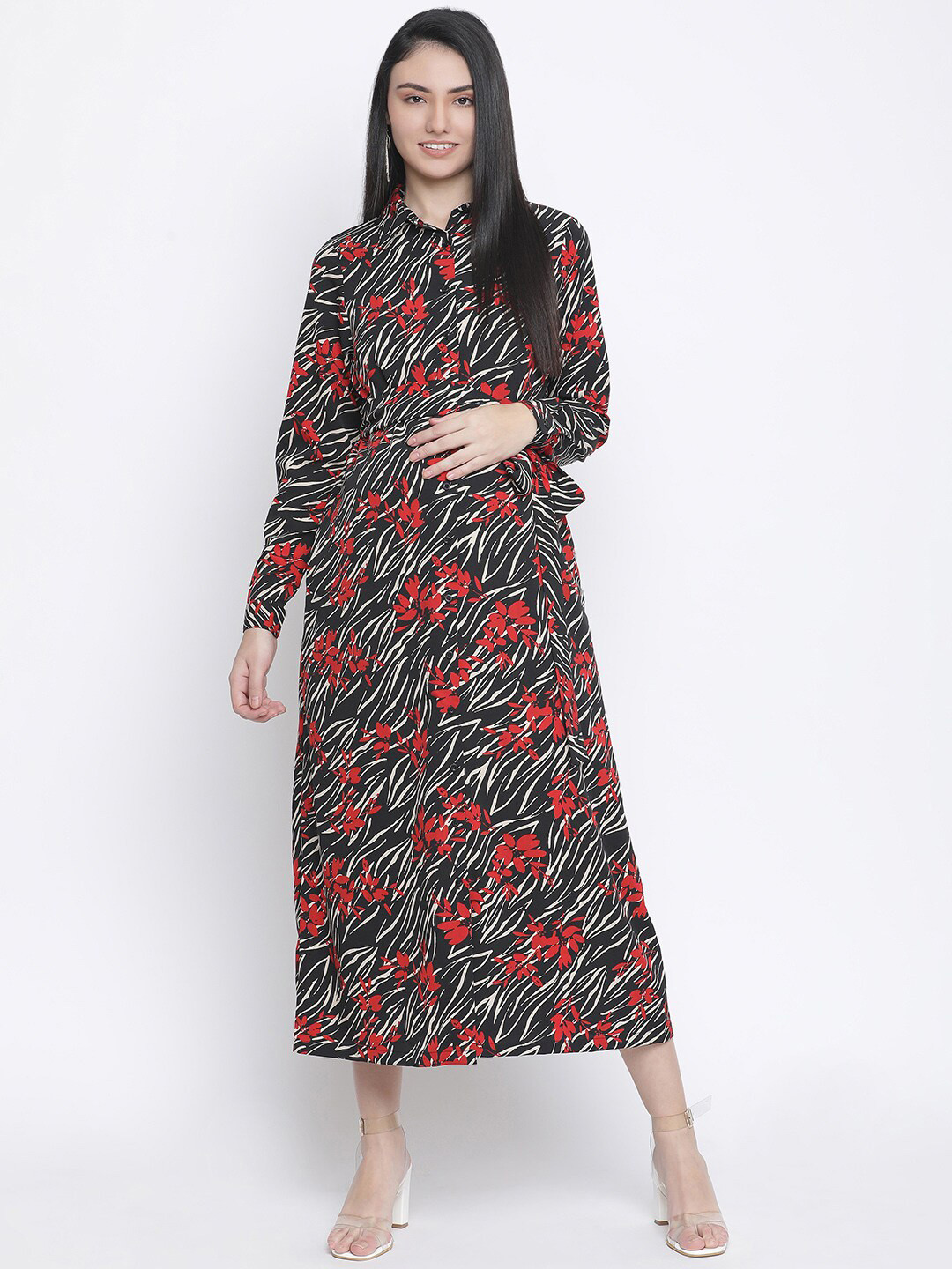 

Oxolloxo Black & Red Floral Maternity Shirt Midi Dress
