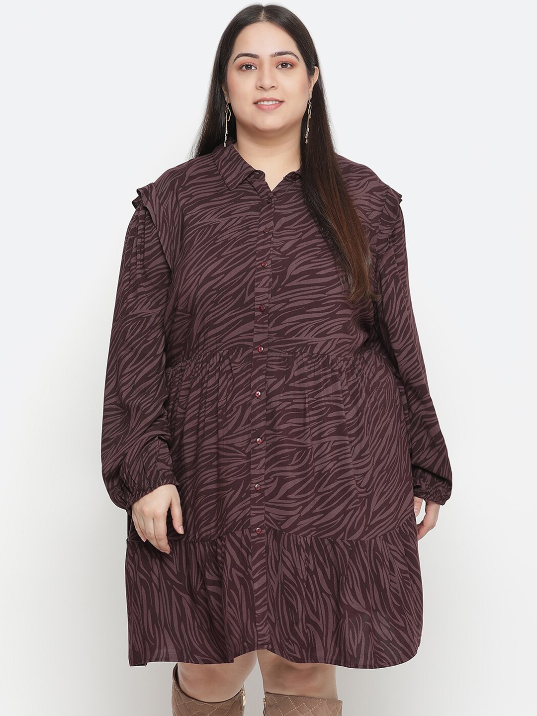 

Oxolloxo Burgundy Animal Crepe A-Line Dress