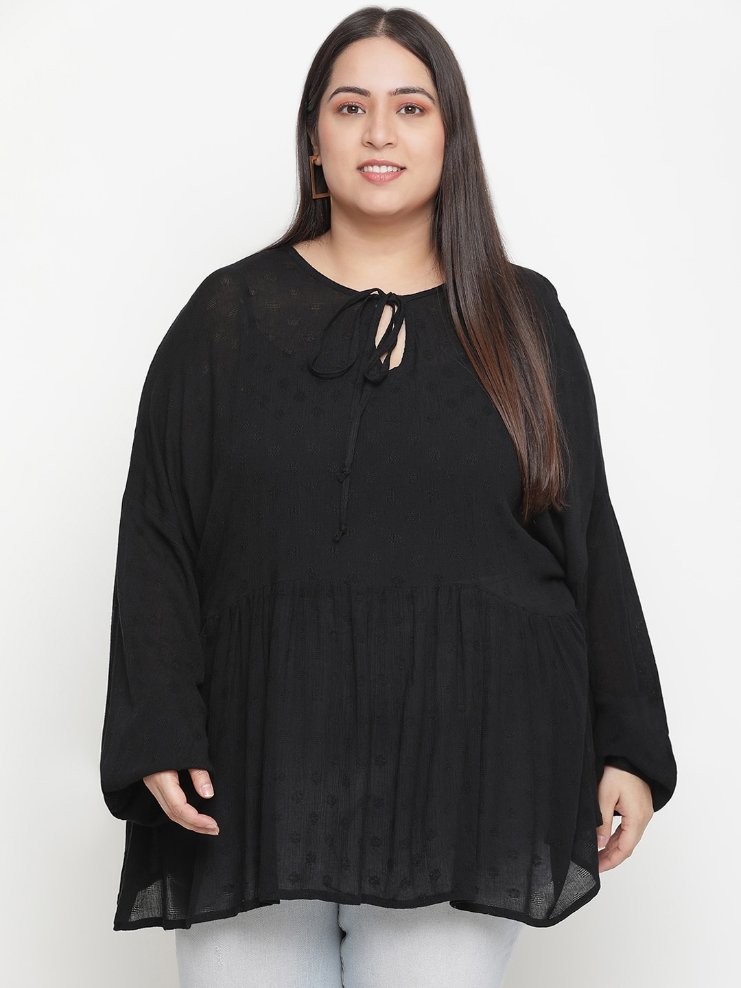 

Oxolloxo Navy Blue Tie-Up Neck Crepe Plus Size Top