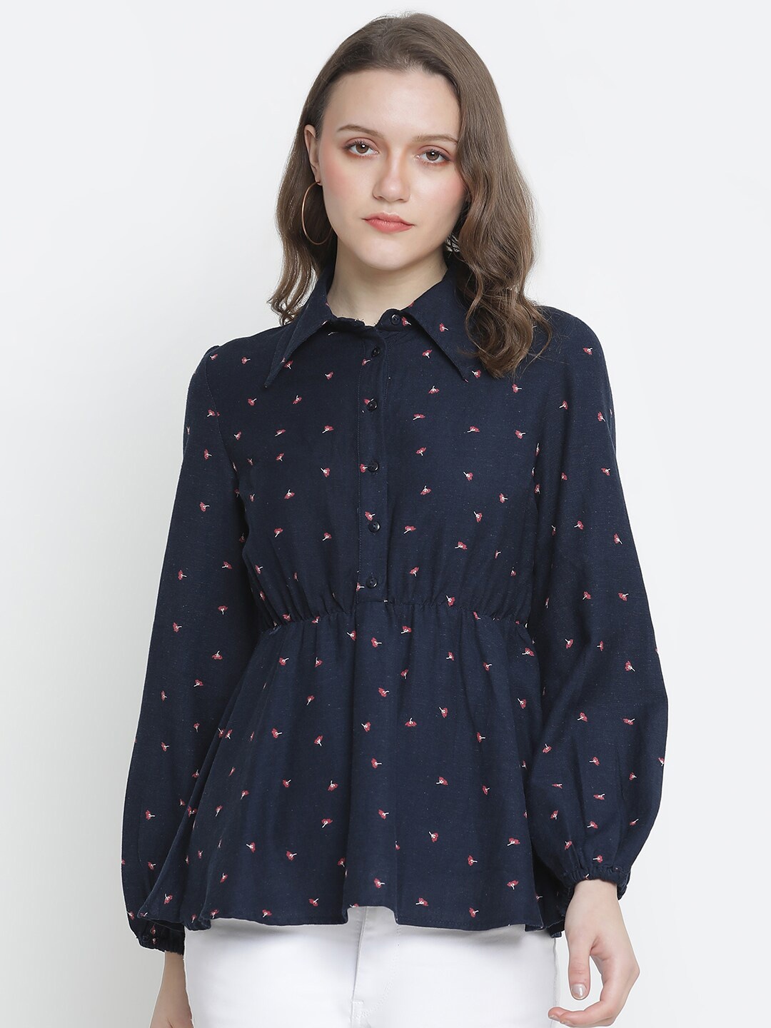 

Oxolloxo Navy Blue & Pink Print Pure Cotton Shirt Style Top