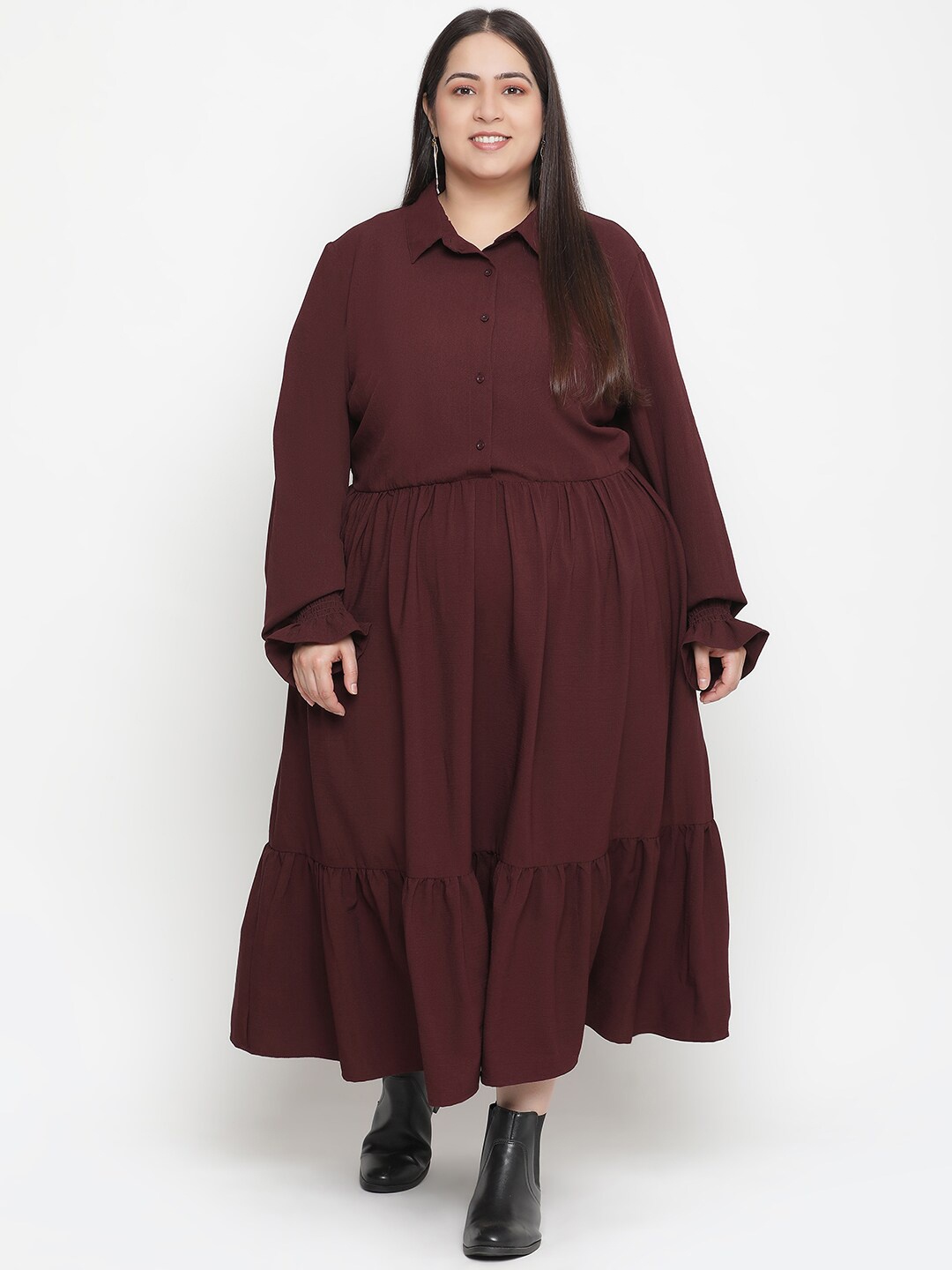 

Oxolloxo Burgundy Plus Size Satin Midi Fit & Flare Dress