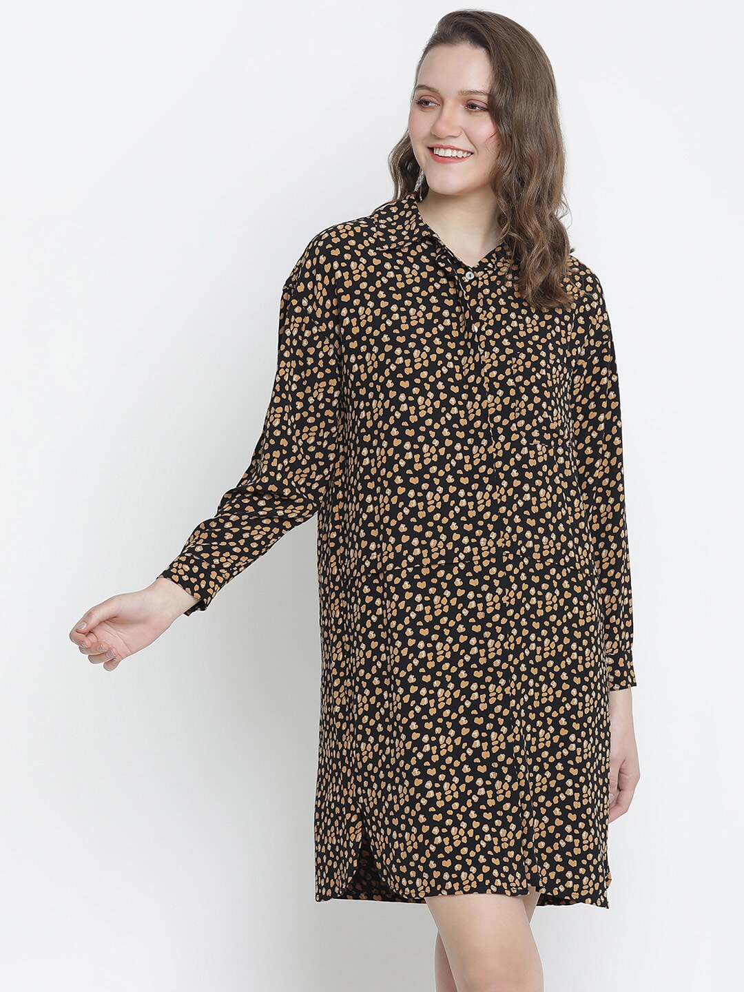 

Oxolloxo Women Brown & Black Printed Crepe Shirt Dress