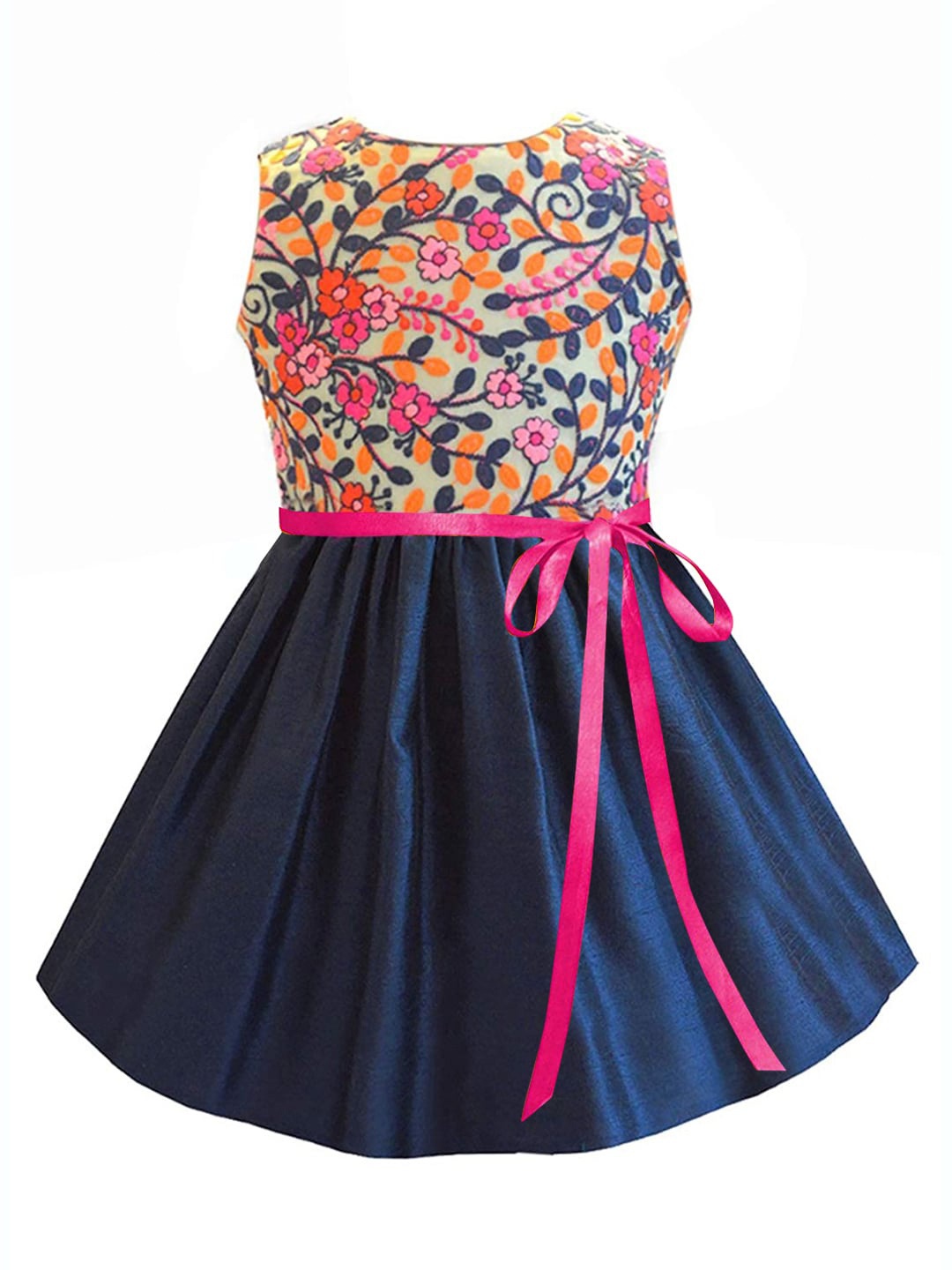 

A.T.U.N. Girls Navy Blue & Pink Ethnic Motifs Embroidered Belted Dress