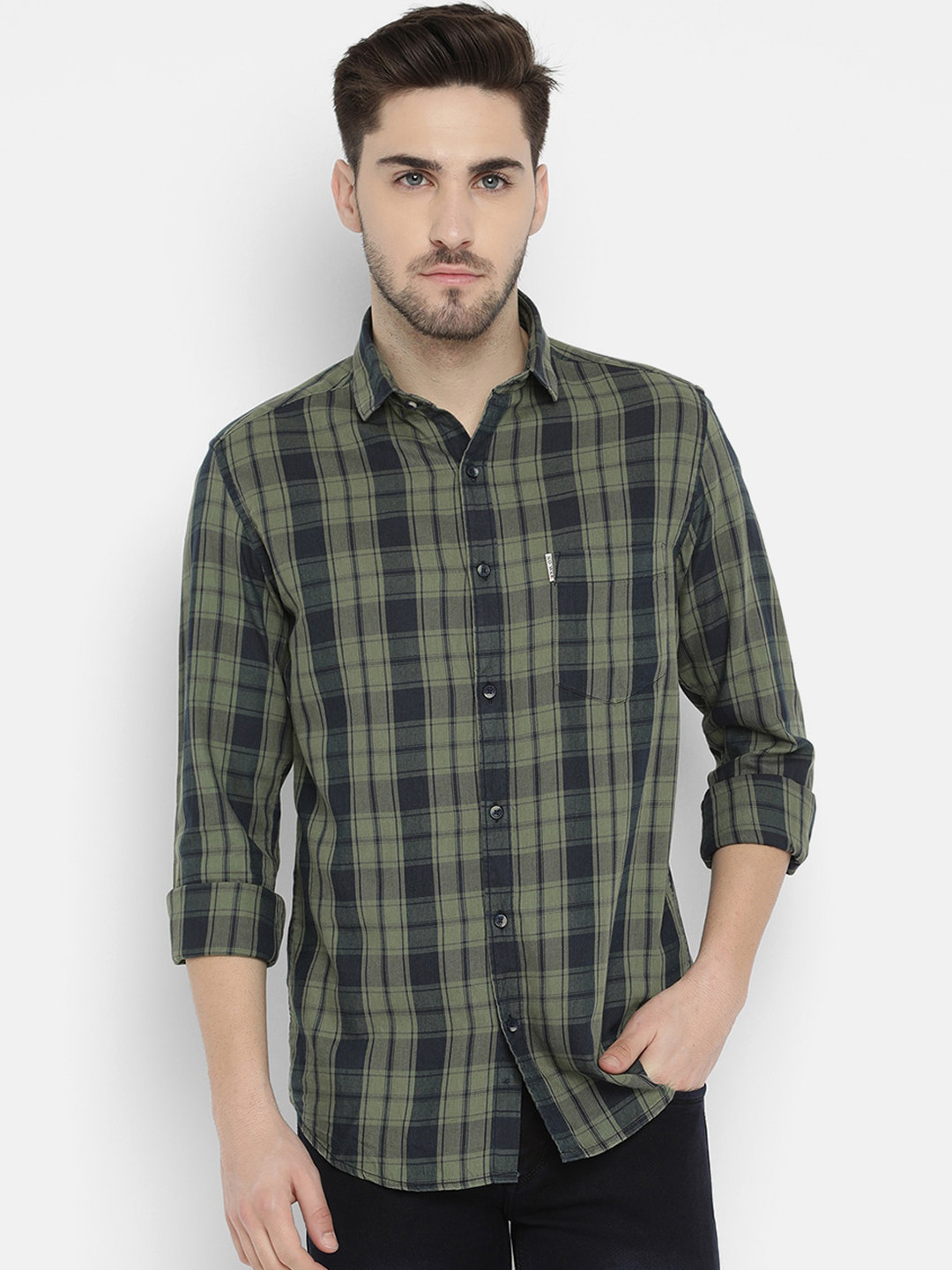 

V2 Value & Variety Men Olive Green Slim Fit Checked Cotton Casual Shirt