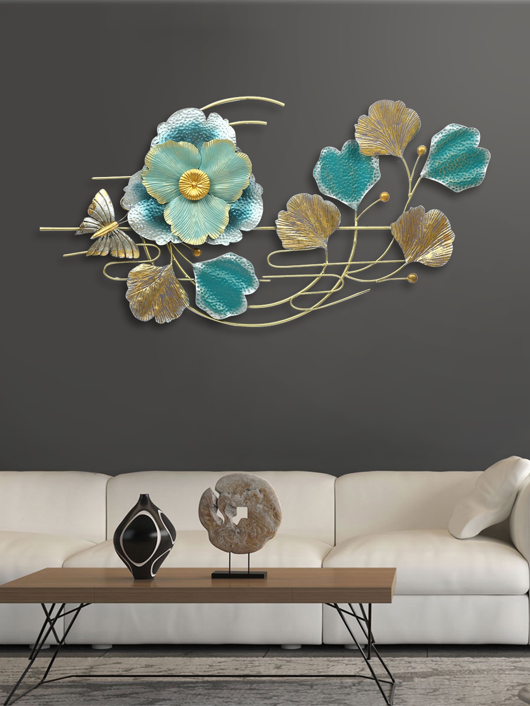 Aapno Rajasthan Green & Grey Floral Metal Wall Decor