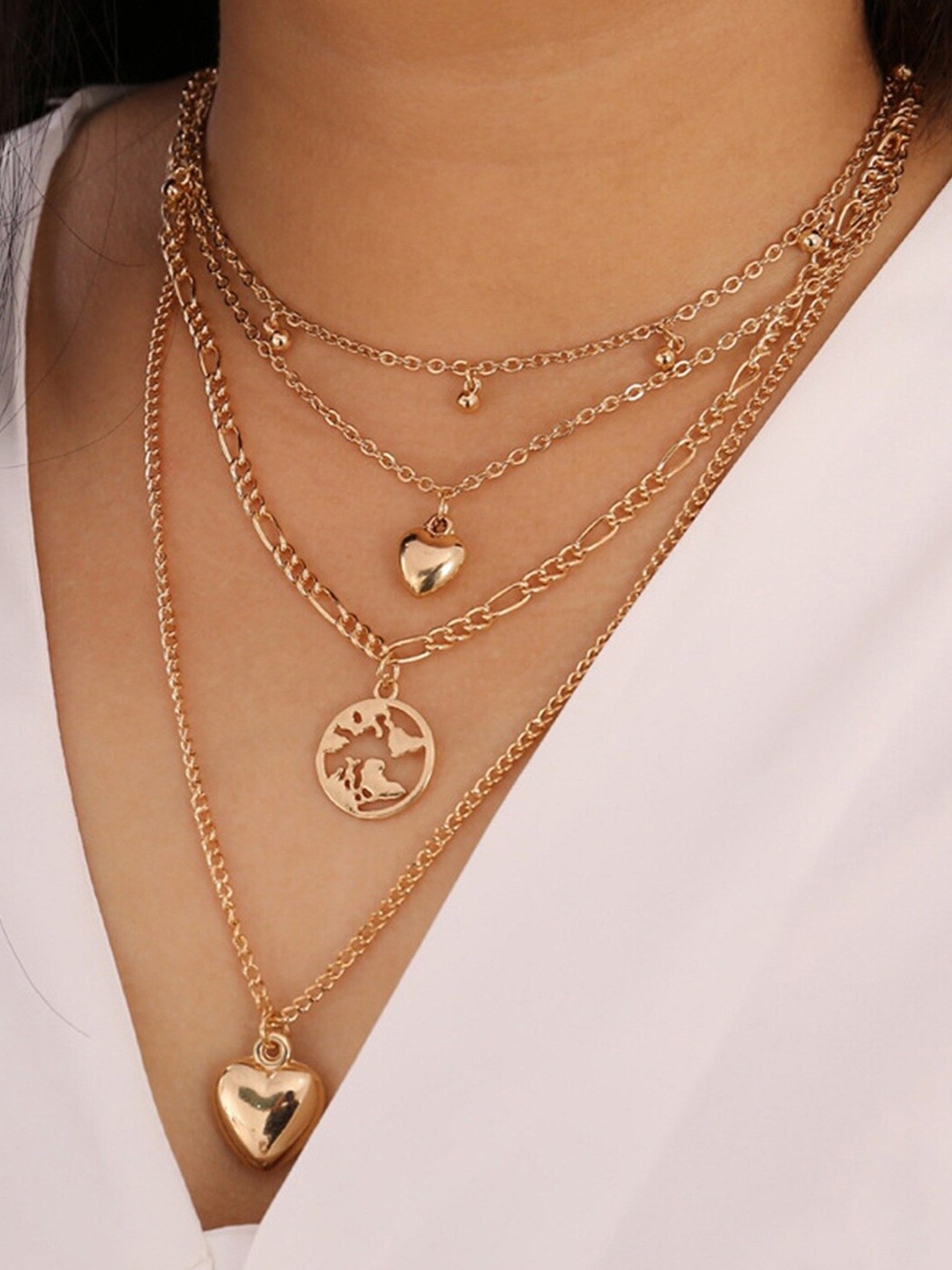 

OOMPH Gold tone Multi Layer Multi Stranded Heart Charm Link Chain Necklace