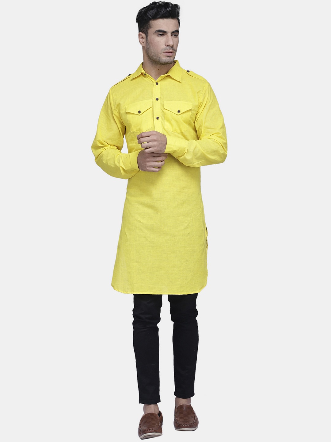 

Enchanted Drapes Men Yellow Pure Cotton Pathani Kurta