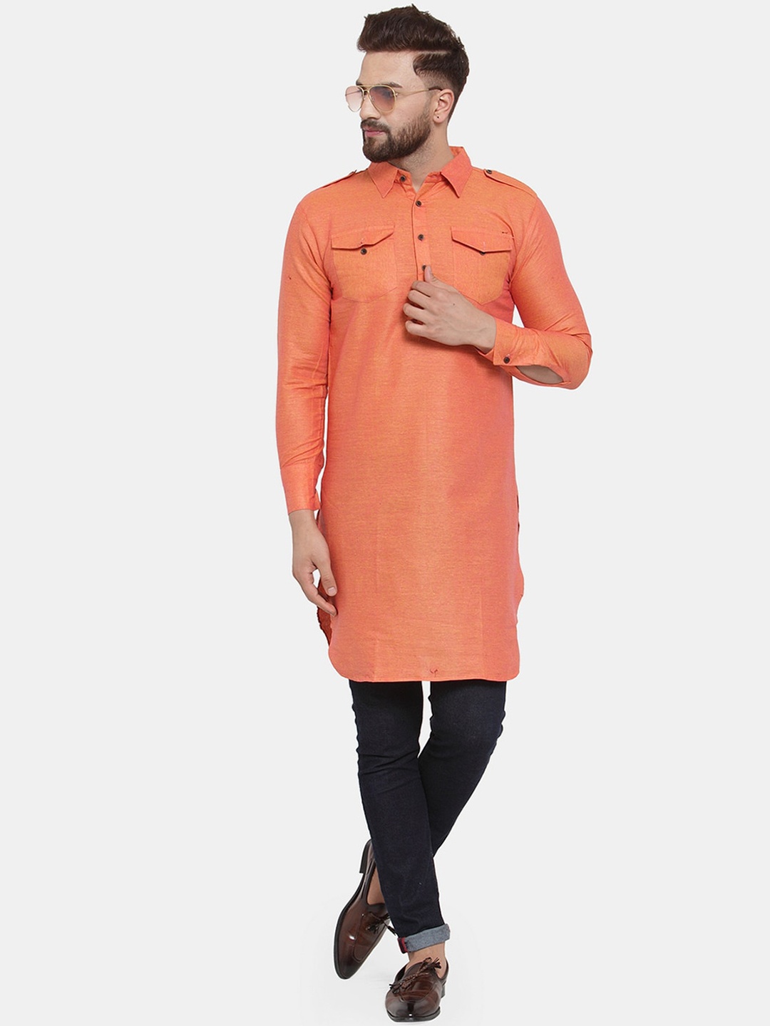 

Enchanted Drapes Men Orange Pure Cotton Pathani Kurta
