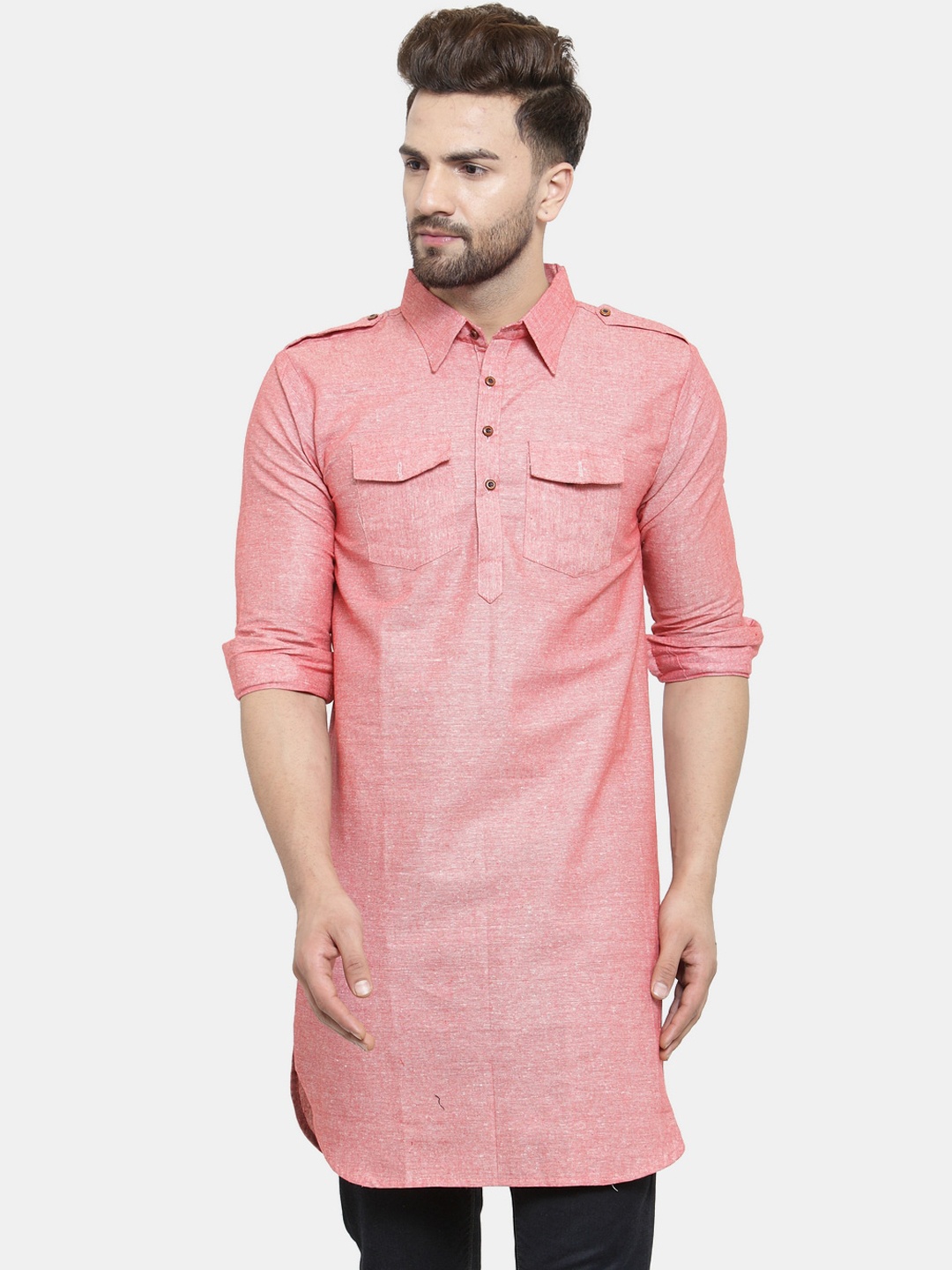 

Enchanted Drapes Men Orange Pathani Pure Cotton Kurta