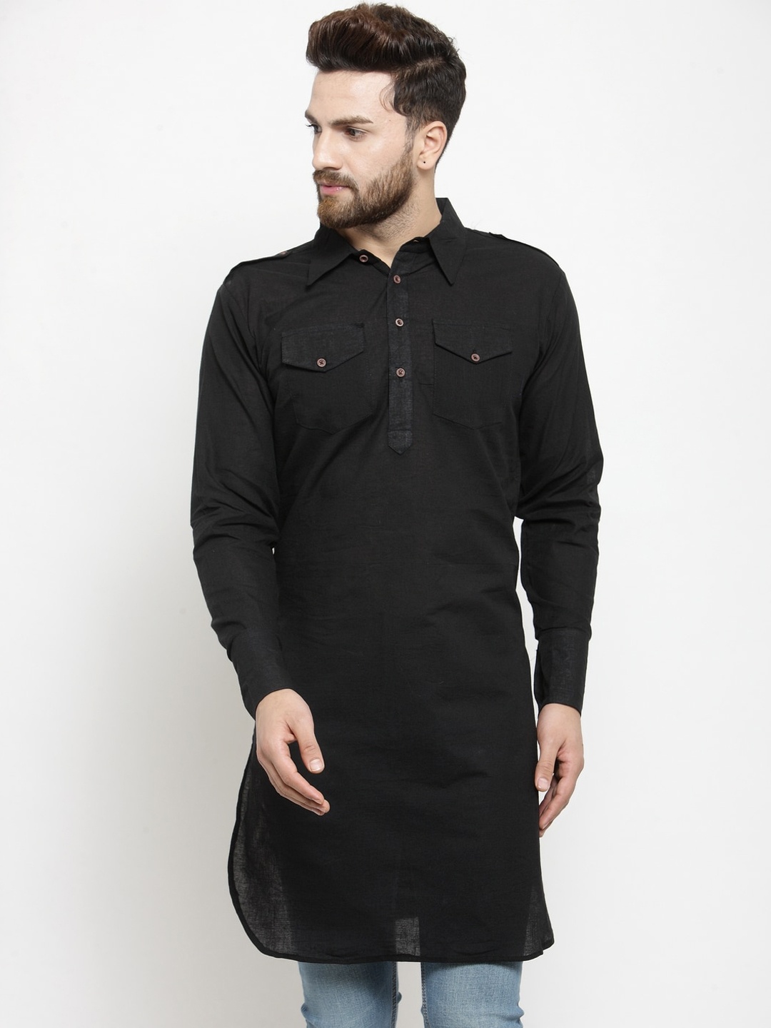 

Enchanted Drapes Men Black Solid Pathani Kurta