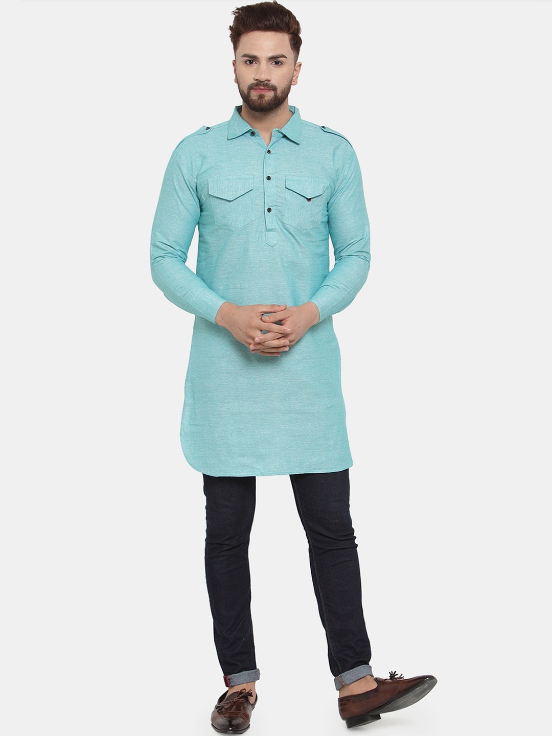 

Enchanted Drapes Men Blue Pure Cotton Pathani Kurta