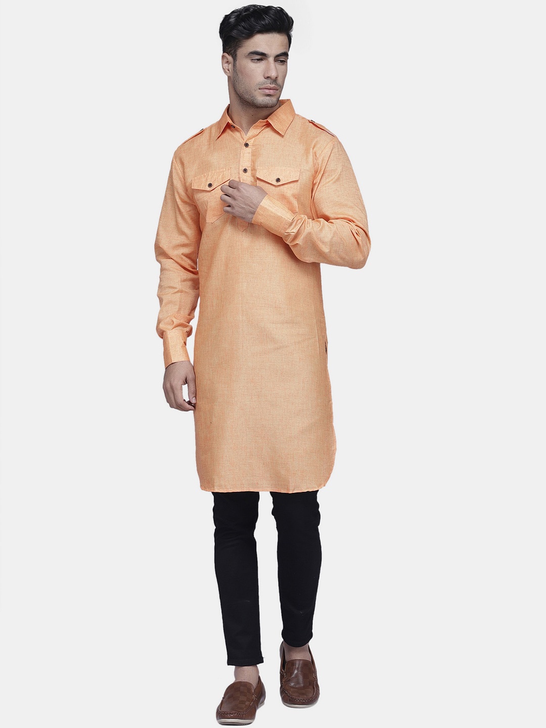 

Enchanted Drapes Men Orange Pure Cotton Pathani Kurta