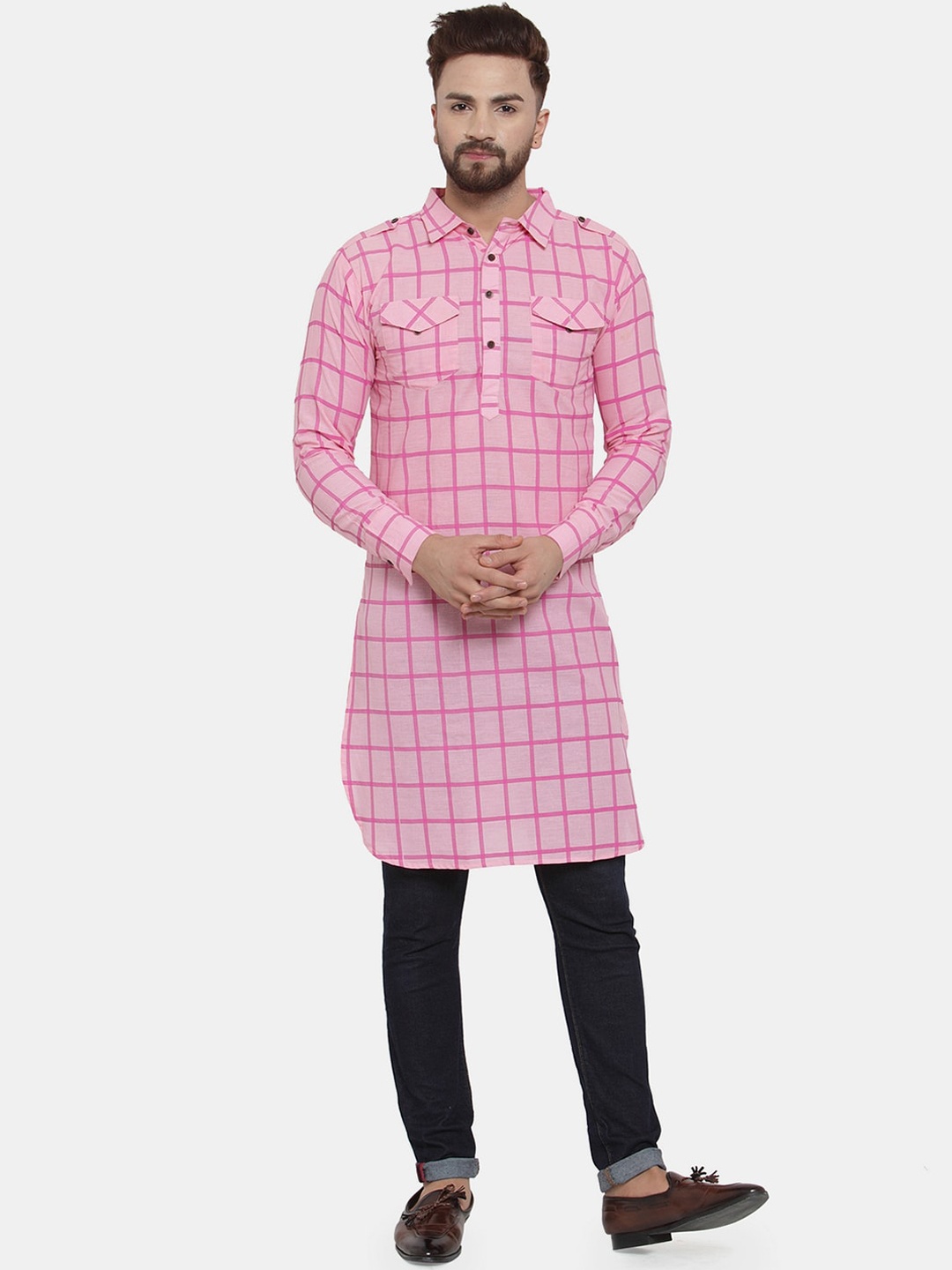 

Enchanted Drapes Men Pink Checked Pure Cotton Pathani Kurta