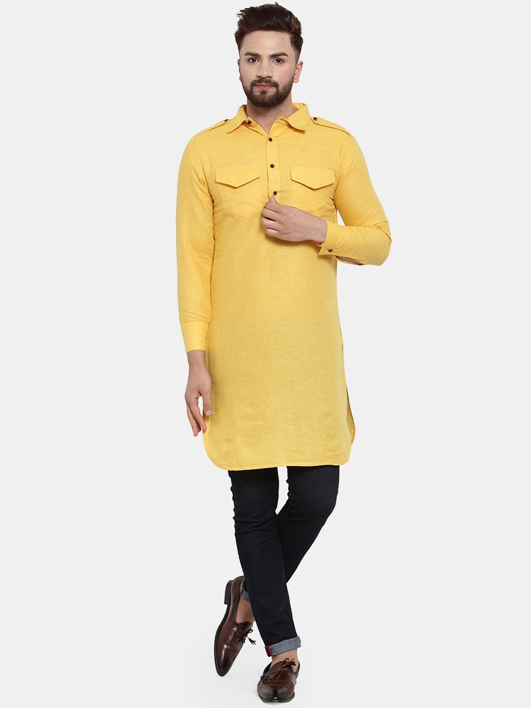 

Enchanted Drapes Men Yellow Pure Cotton Pathani Kurta