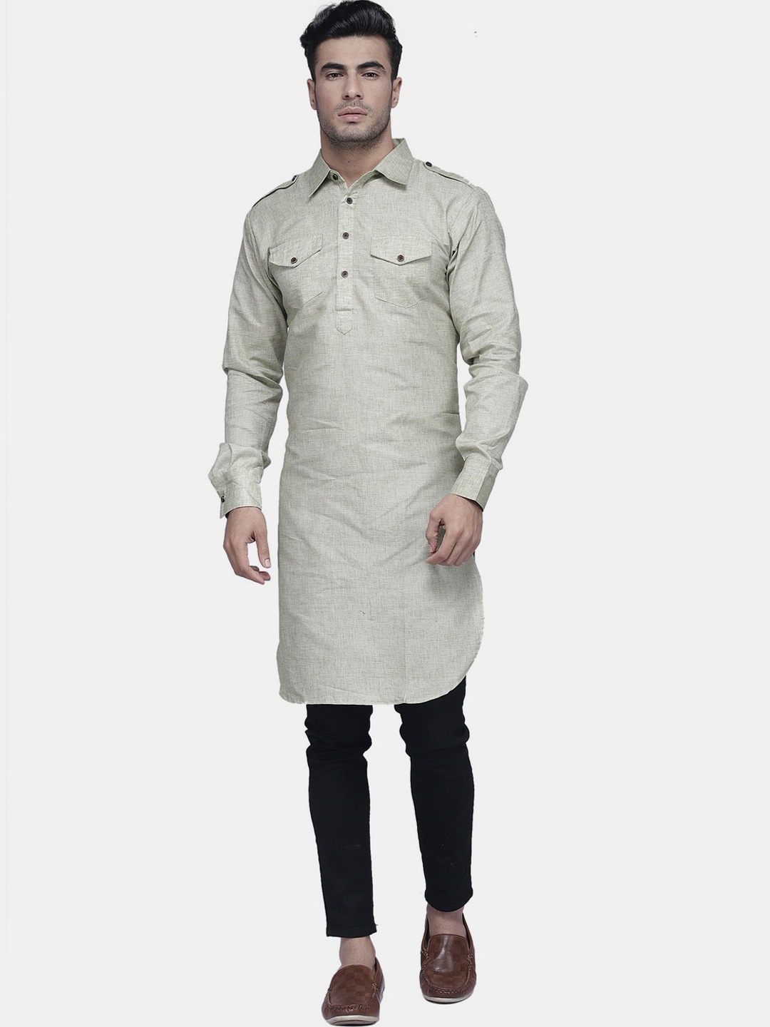 

Enchanted Drapes Men Grey Thread Work Pathani Kurta