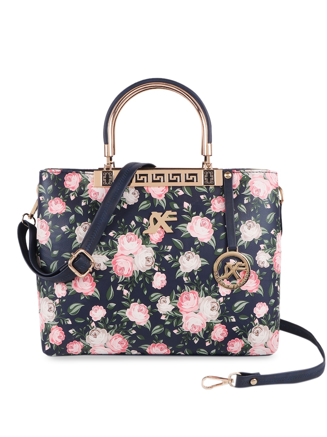 

SXF SPEED X FASHION Blue & Pink Floral Printed PU Structured Handheld Bag