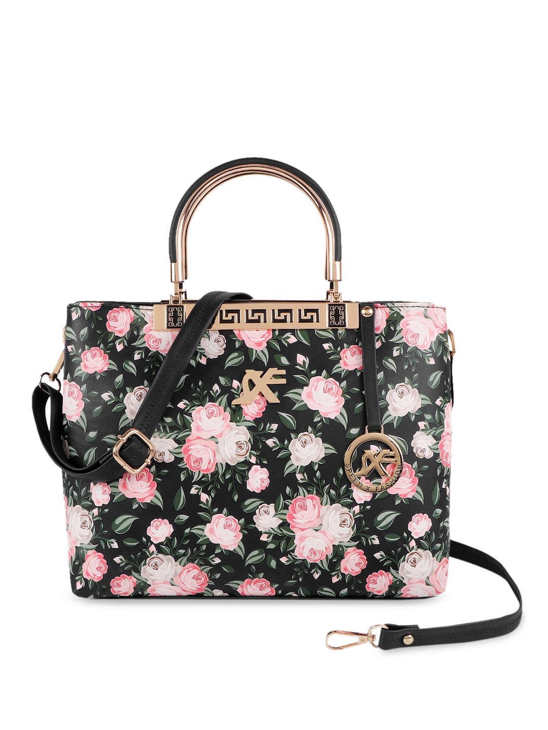 

SXF SPEED X FASHION Black & Pink Floral Printed Structured Handheld Bag
