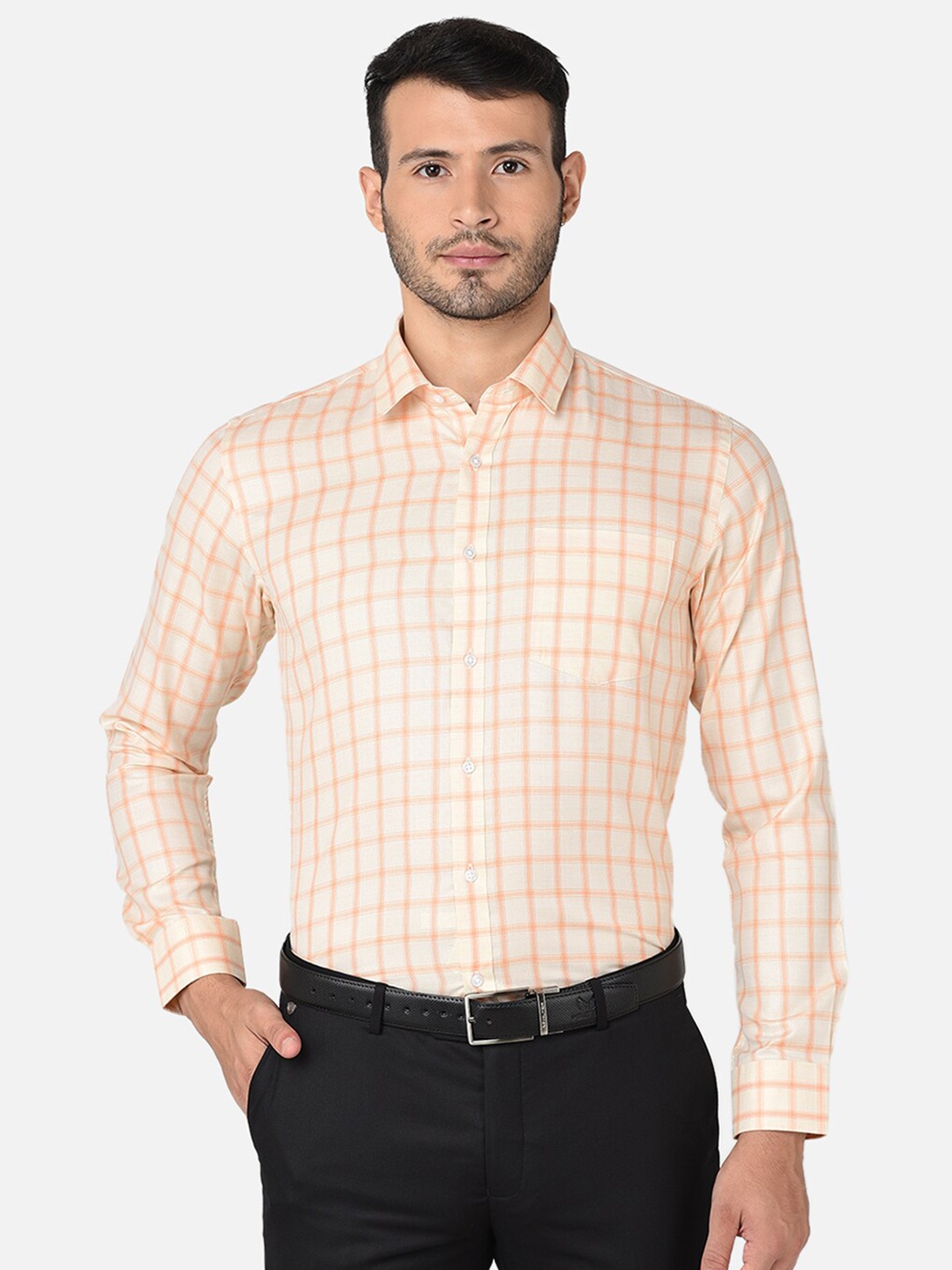 

Oxemberg Men Yellow & Orange Classic Slim Fit Checked Formal Shirt