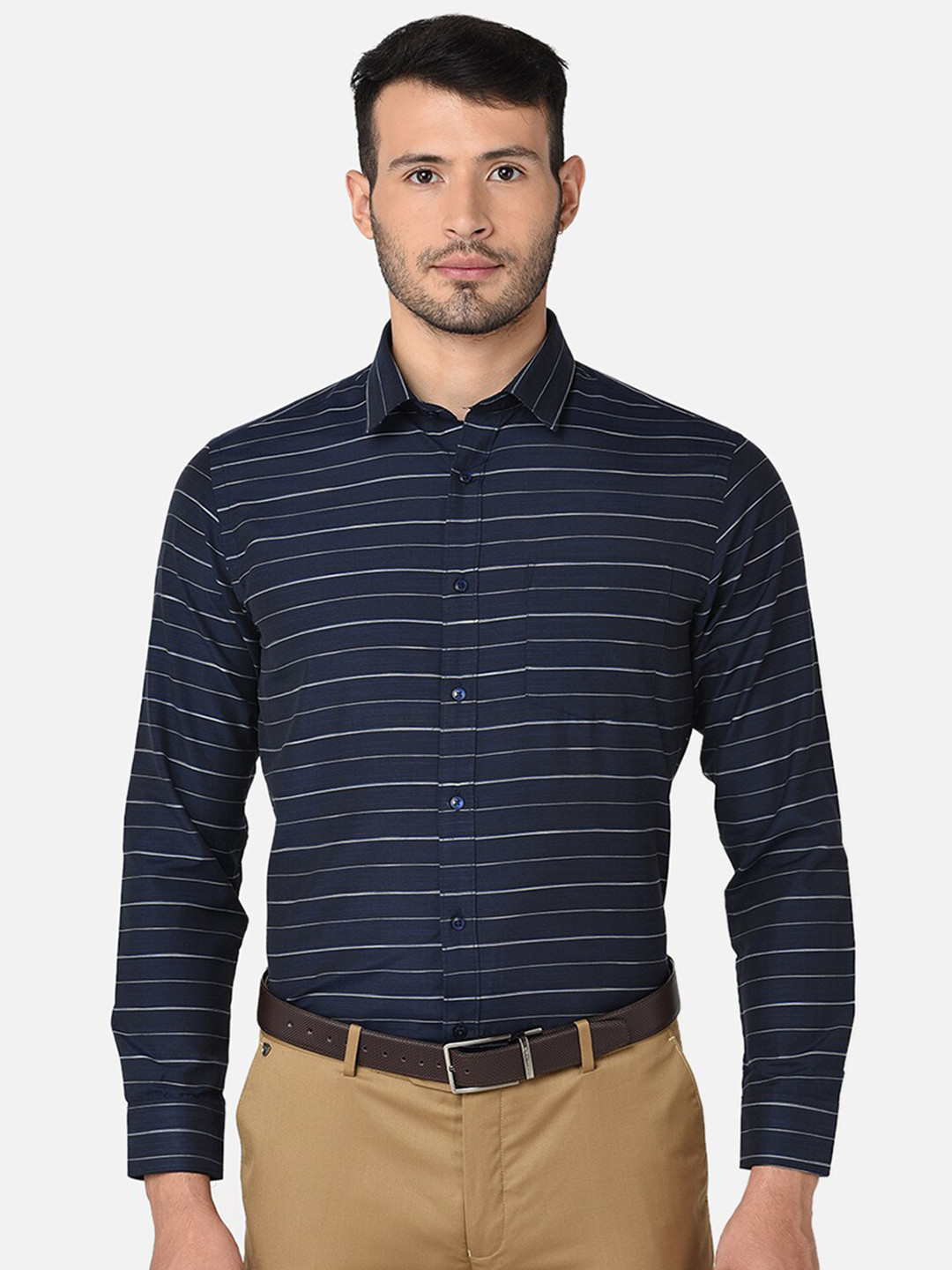 

Oxemberg Men Navy Blue Classic Slim Fit Horizontal Striped Formal Shirt