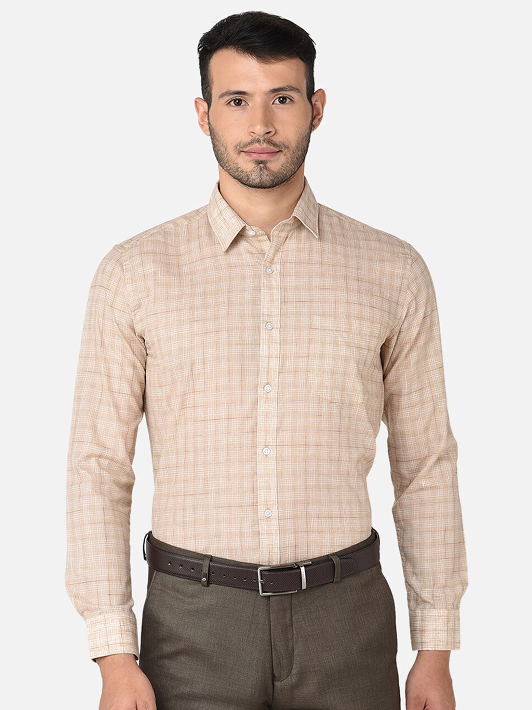 

Oxemberg Men Beige Classic Slim Fit Checked Formal Shirt