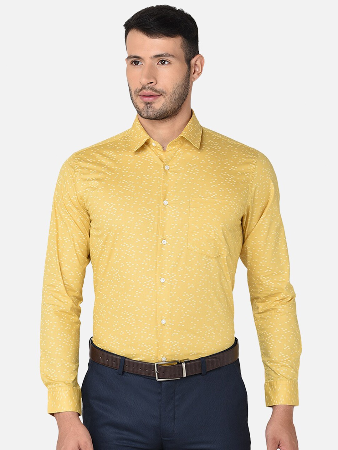 

Oxemberg Men Mustard Classic Slim Fit Printed Cotton Formal Shirt