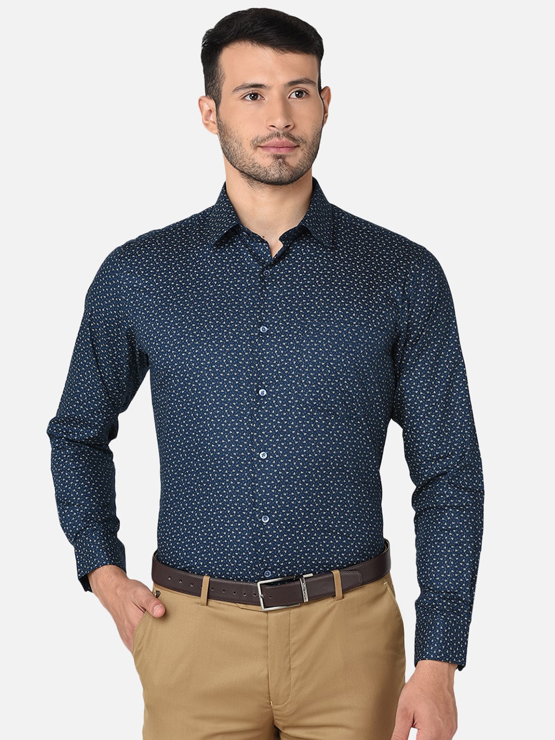 

Oxemberg Men Navy Blue Classic Slim Fit Printed Formal Shirt