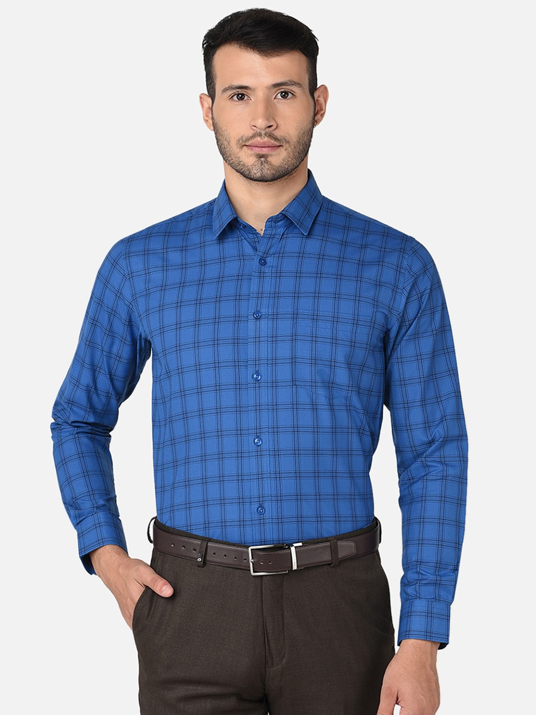 

Oxemberg Men Blue Classic Slim Fit Checked Formal Shirt