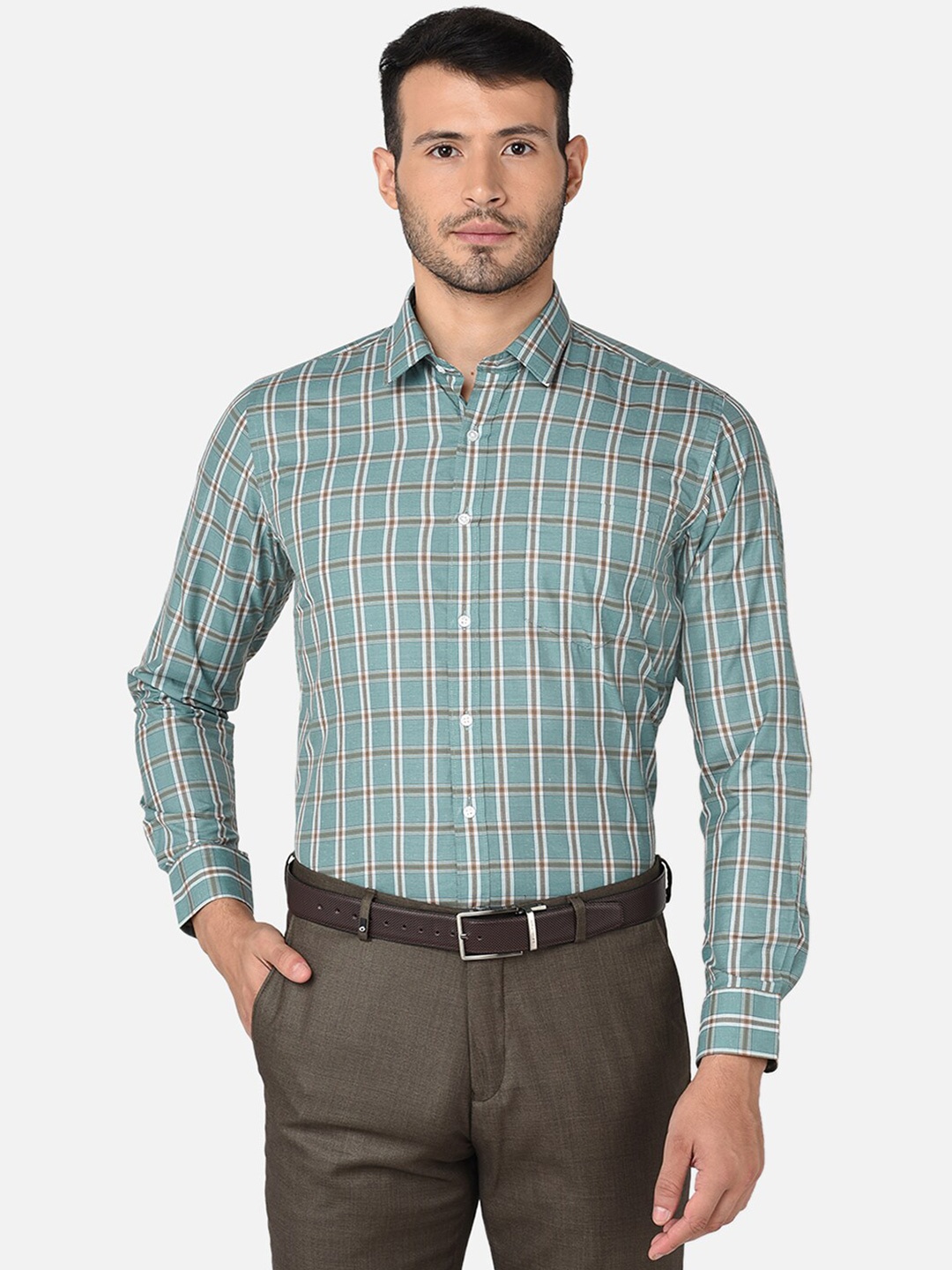

Oxemberg Men Green & Brown Classic Slim Fit Windowpane Checks Checked Formal Shirt