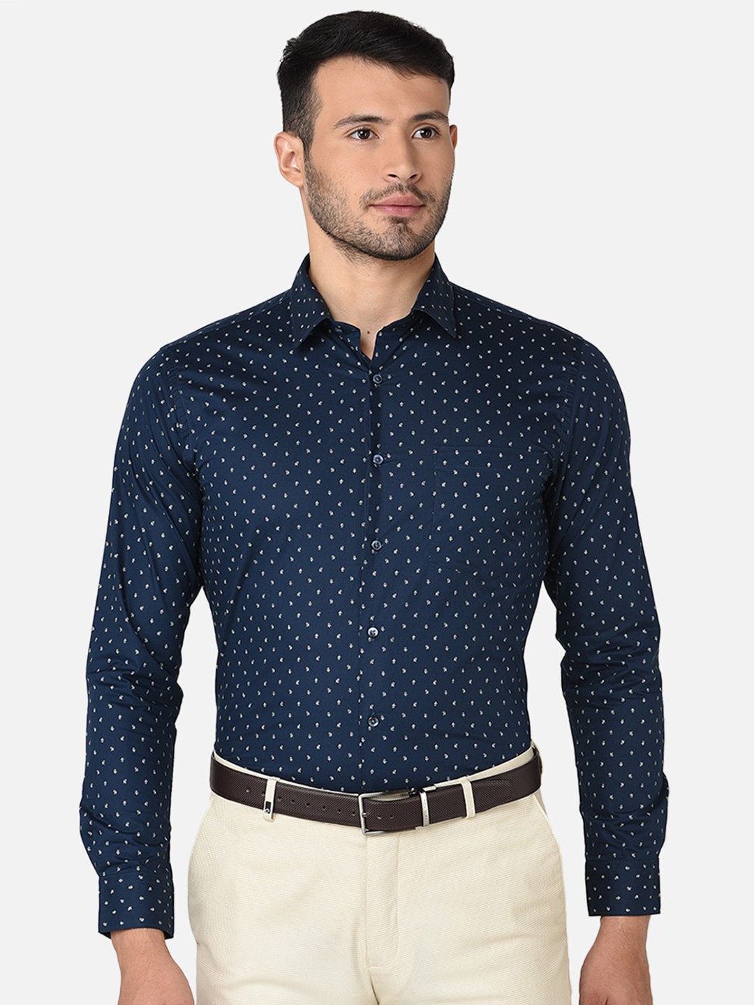 

Oxemberg Men Navy Blue Classic Slim Fit Printed Formal Shirt