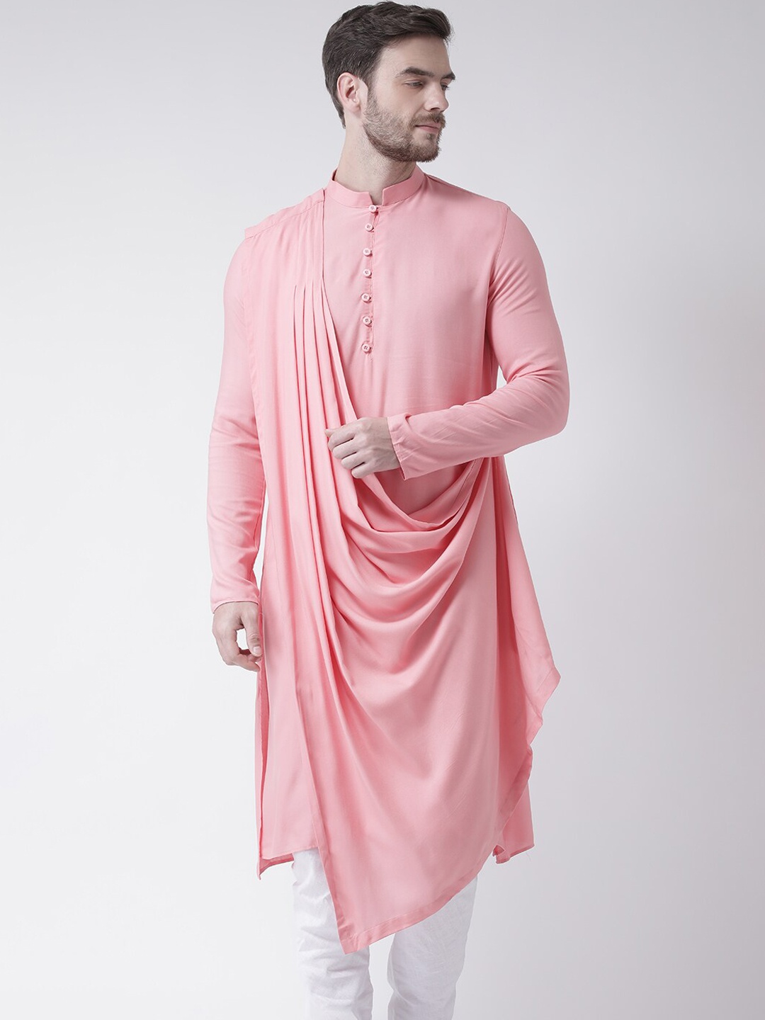 

DEYANN Men Pink Solid Pleated Kurta with Churidar