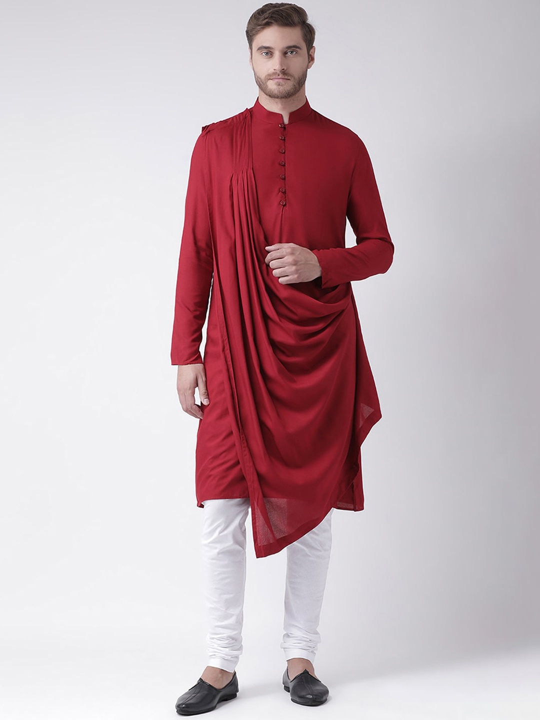 

DEYANN Men Red Pleated Kurta with Churidar