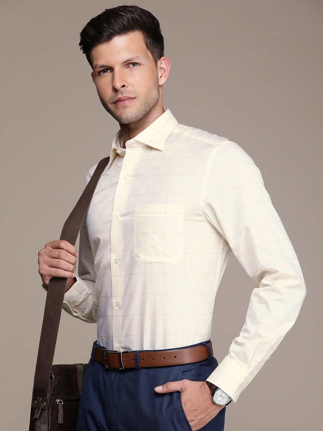 

Louis Philippe Gods & Kings Men Beige Checked Giza Cotton Formal Shirt