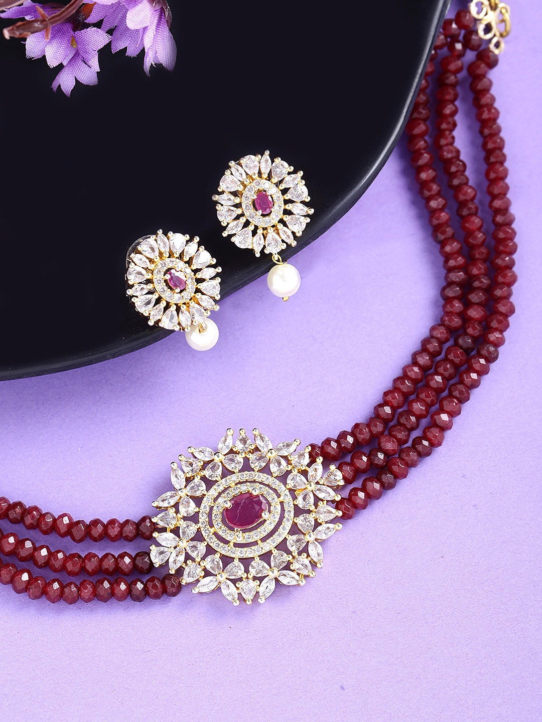 

Yellow Chimes Gold-Plated White & Pink American Diamond Studded Jewellery Set