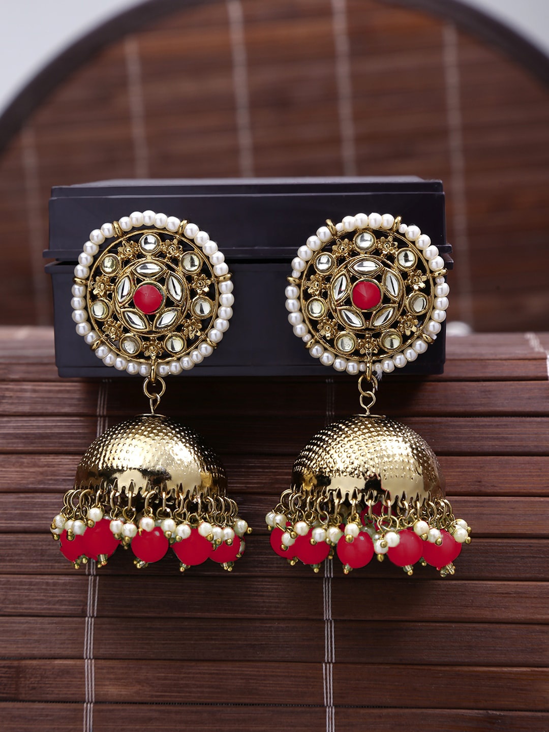

Yellow Chimes Red & Gold-Toned Classic Jhumkas Earrings