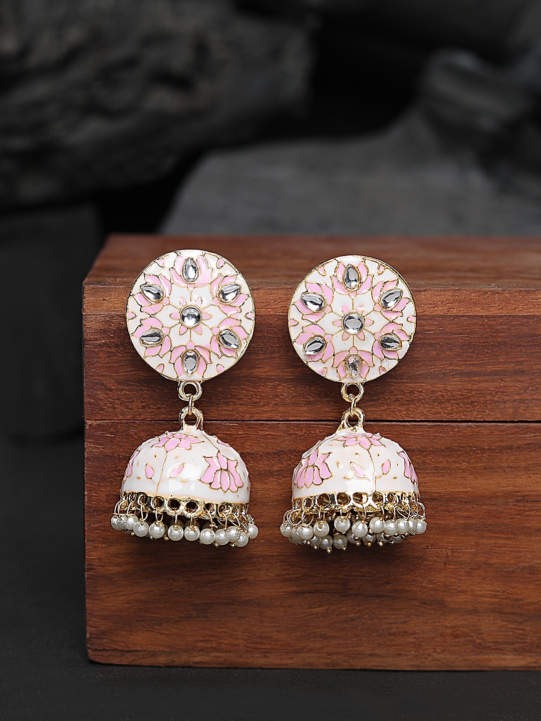 

Yellow Chimes Pink Meenakari Jhumka Earrings