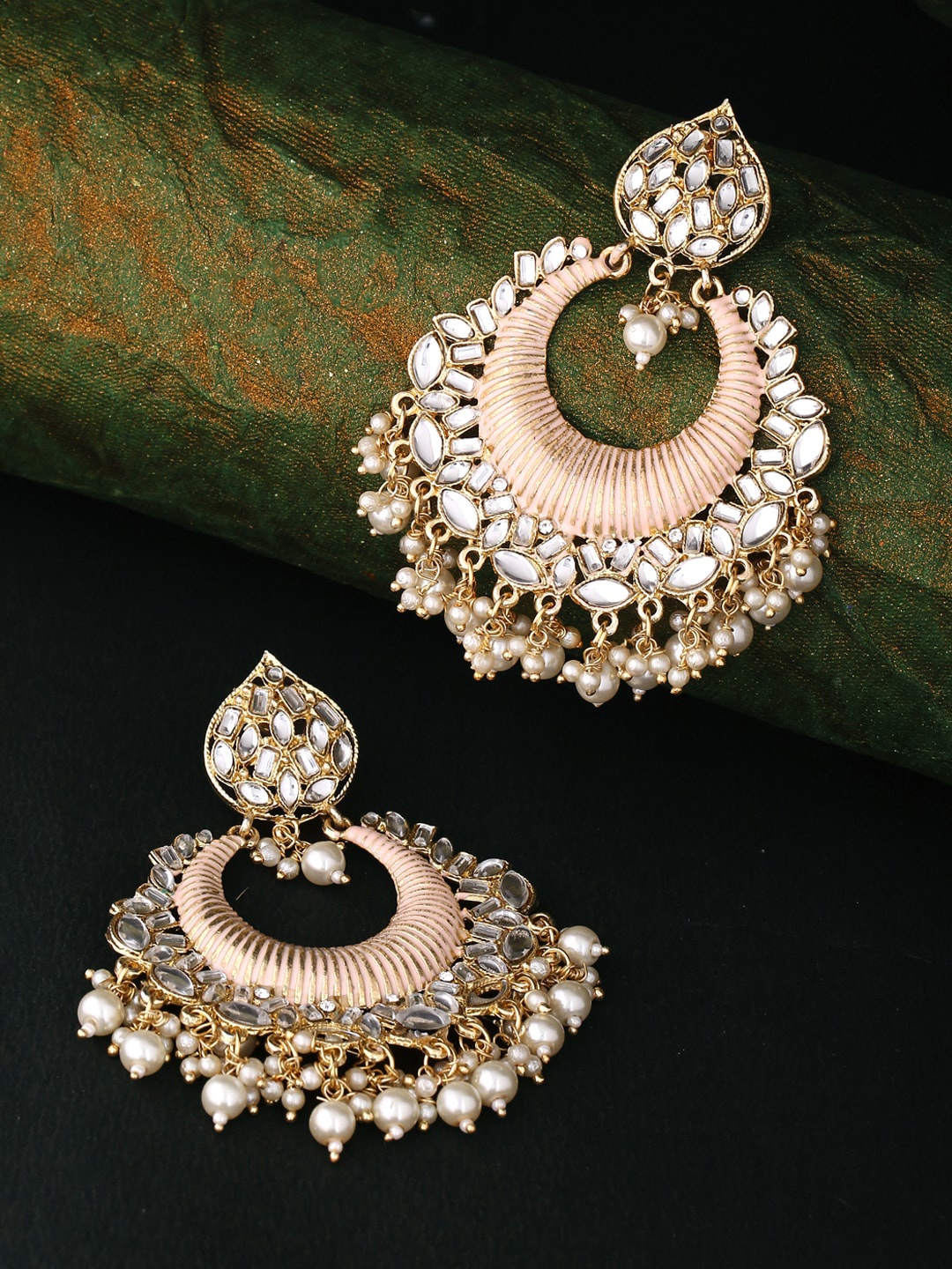 

Yellow Chimes Peach-Coloured Kundan-Studded Classic Chandbalis Earrings