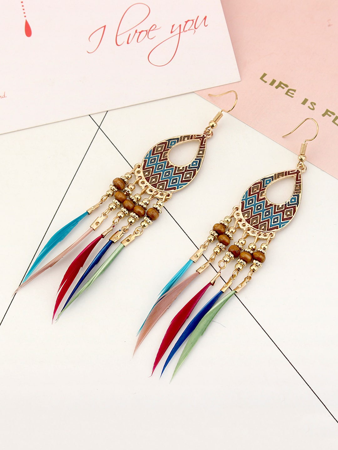 

Yellow Chimes Multicoloured Classic Feathers Long Tassel Drop Earrings, Multi