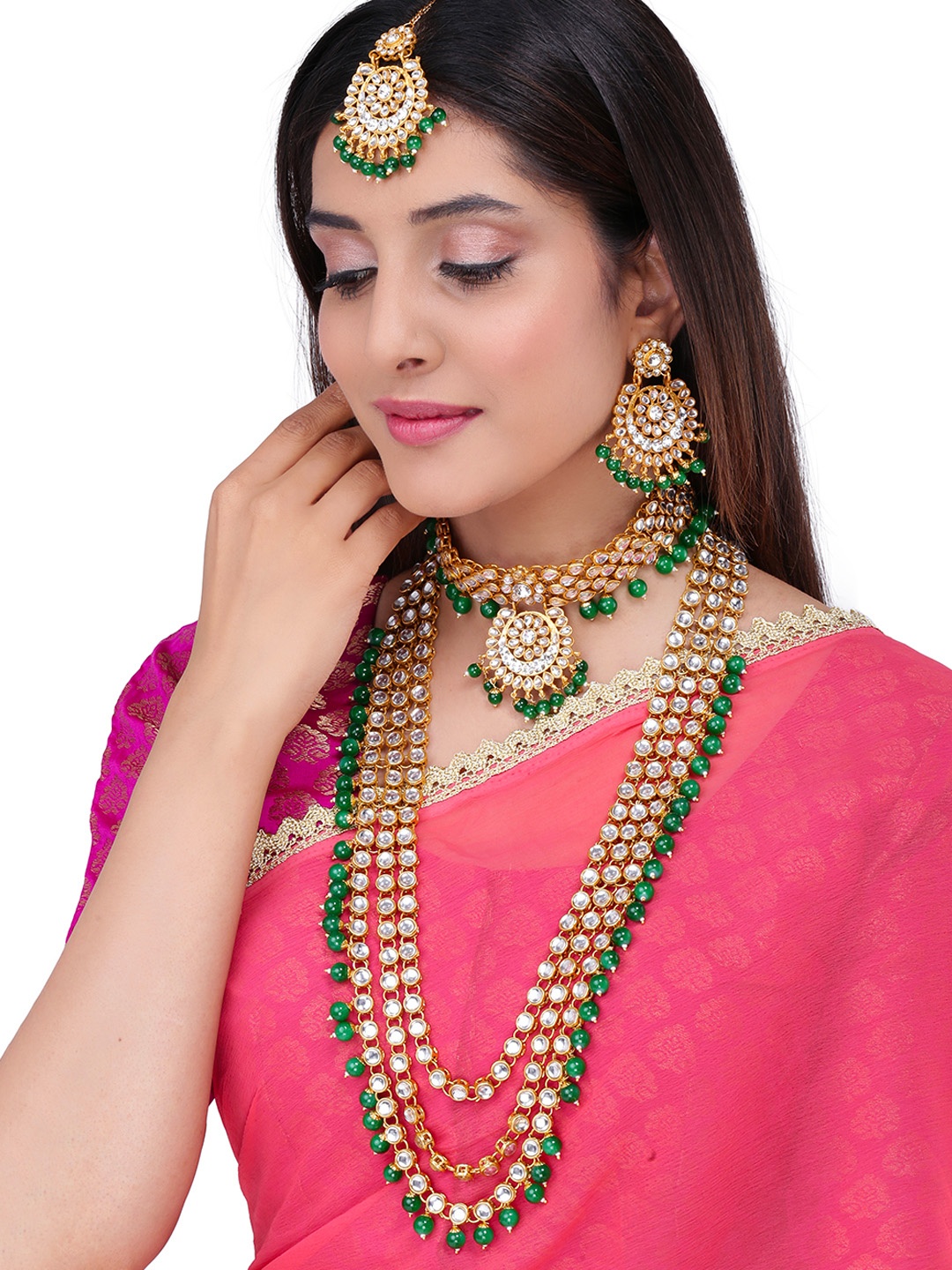 

Yellow Chimes Gold-Plated White & Green Kundan-Studded & Beaded Jewellery Set