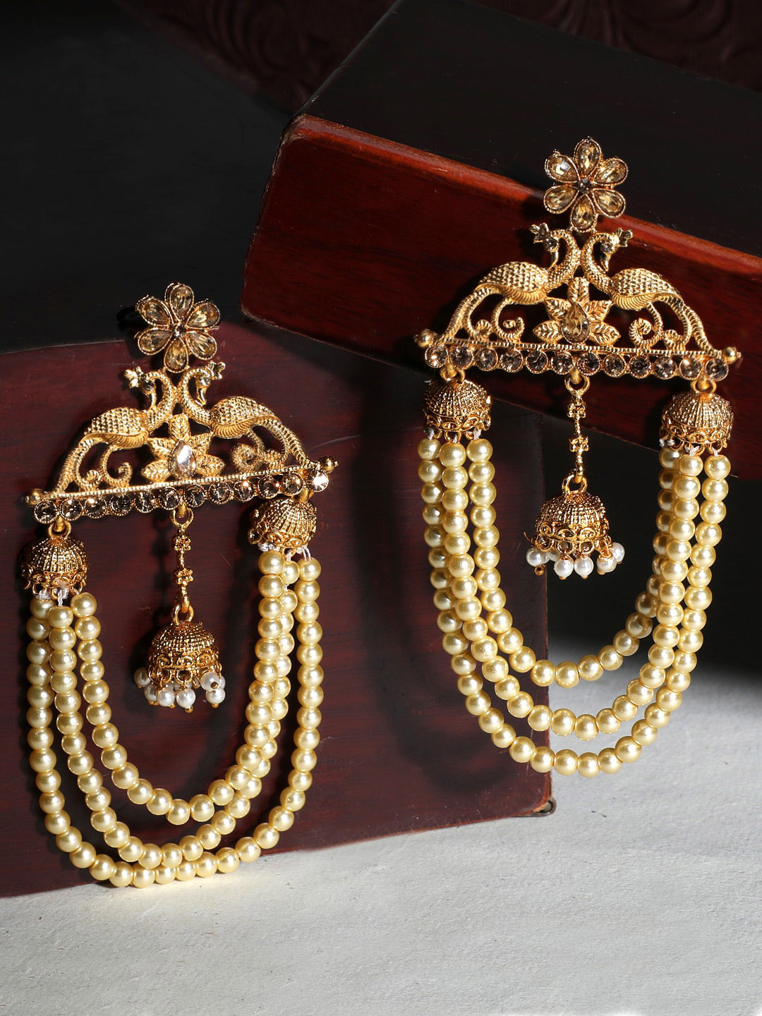 

Yellow Chimes WomanGold Plated Flower Peacock Design Pearl Jhumka Dangler Earrings, Gold