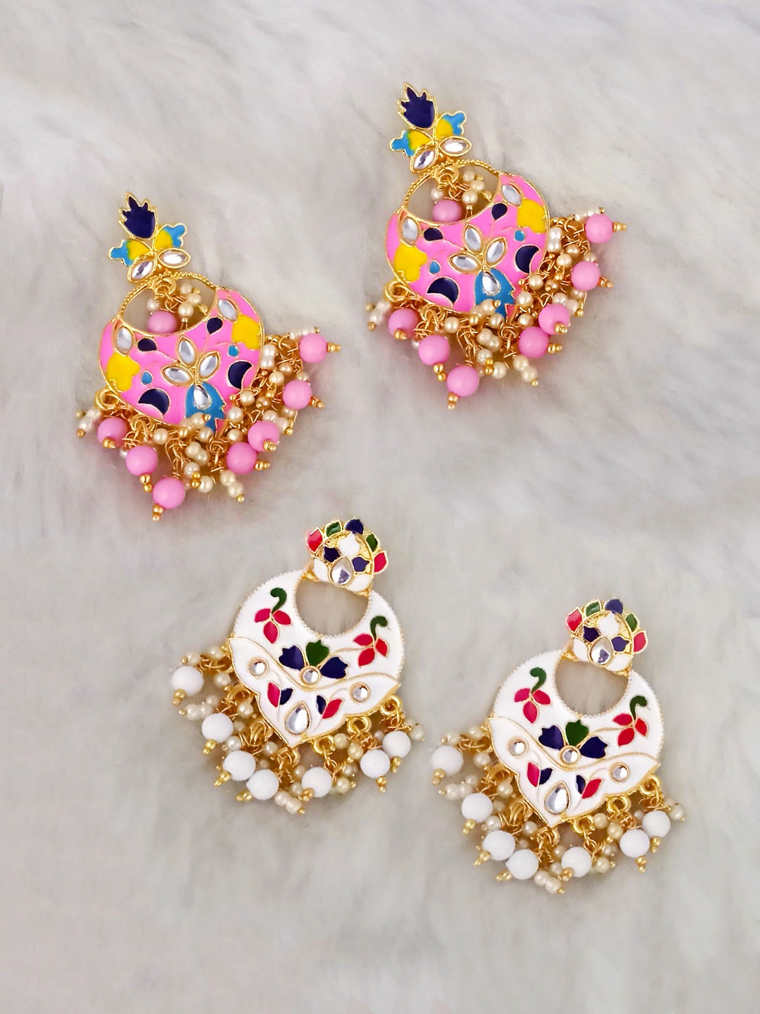 

Yellow Chimes Pack Of 2 White & Pink Meenakari Classic Oxidised Chanbalis Earrings