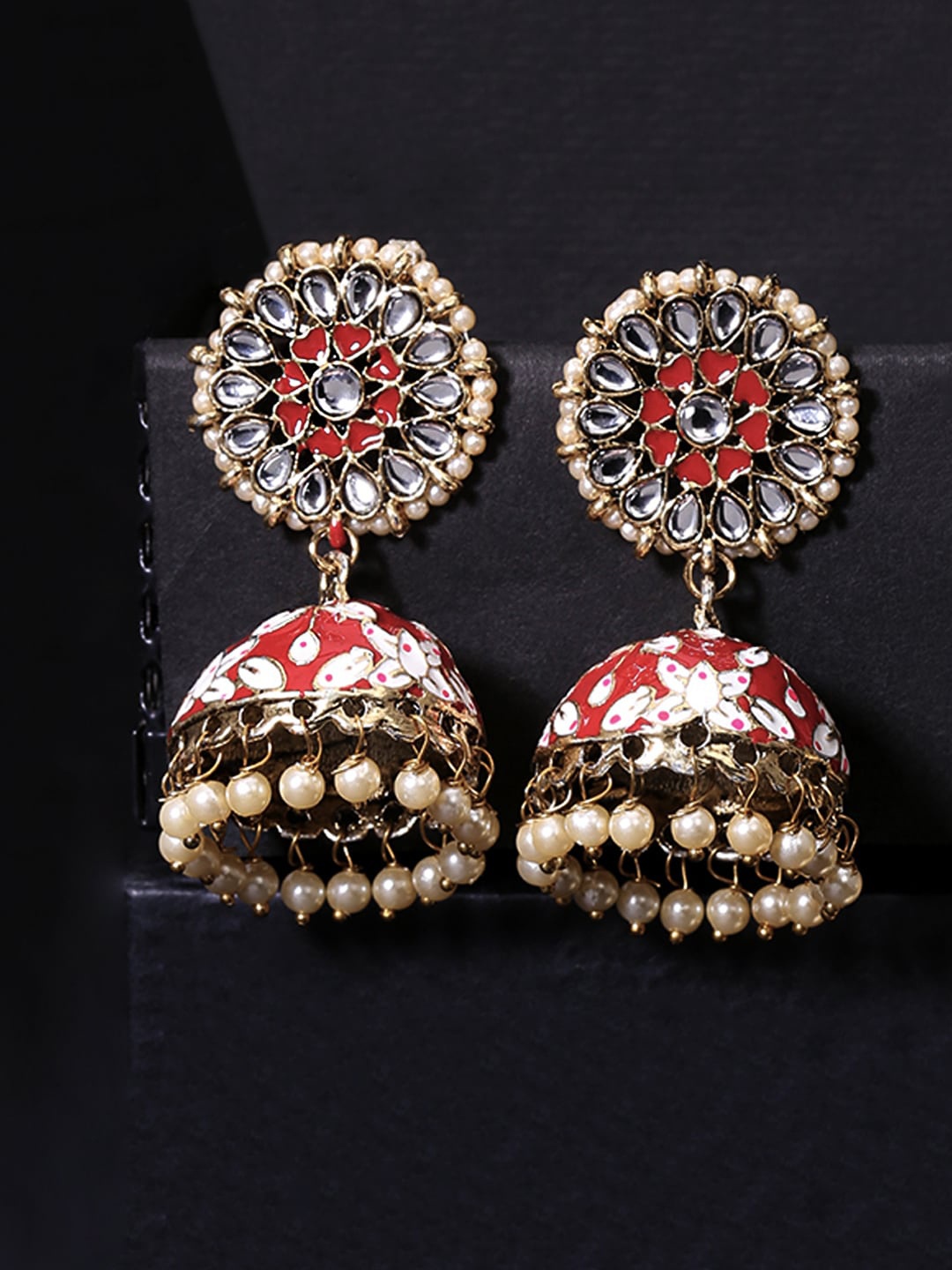 

Yellow Chimes Gold-toned & Red Beaded Meenakari Jhumka Earring, Maroon