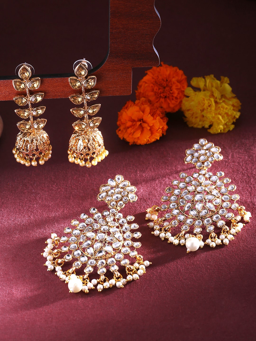 

Yellow Chimes Set-2 Gold-Toned Classic Chandbalis Earrings