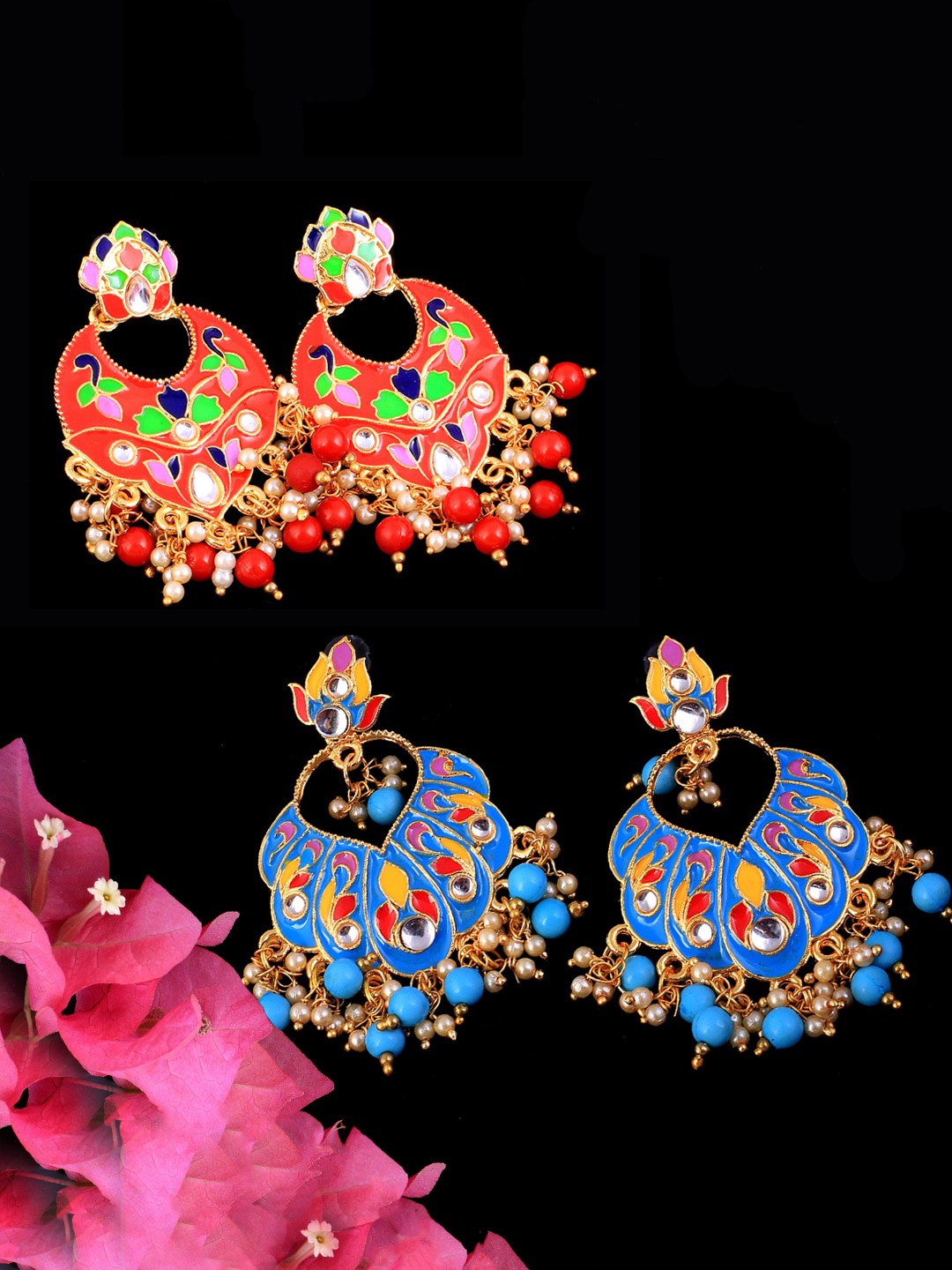 

Yellow Chimes Gold Plated Set of 2 Red & Blue Classic Chandbali Earrings