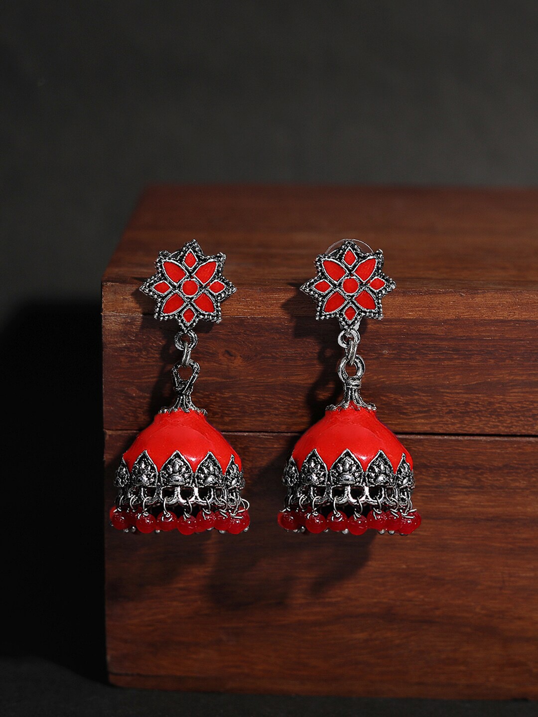 

Yellow Chimes Silver-Toned & Red Classic Jhumkas Earrings