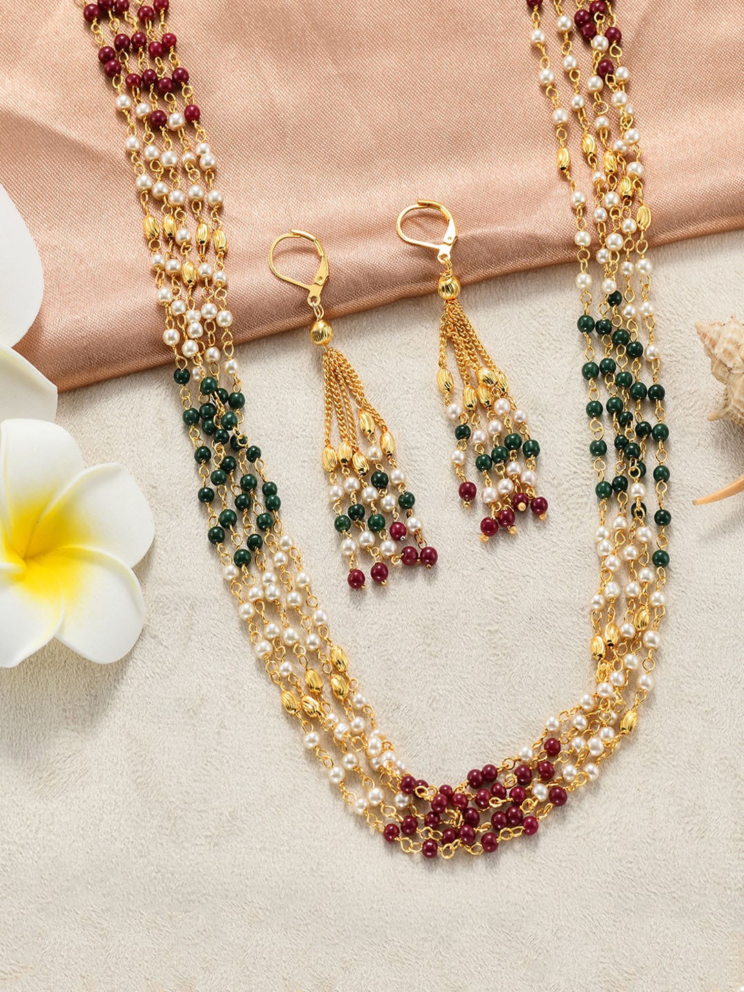 

Yellow Chimes Gold-Plated Red & Green Pearl Beaded Layered Jewellery Set