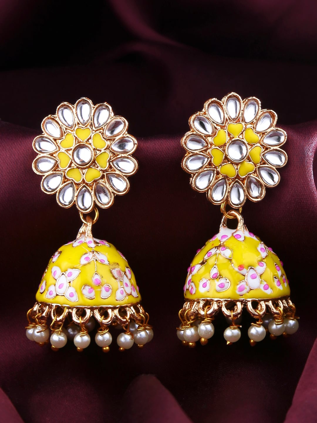 

Yellow Chimes Yellow Meenakari Kundan Jhumka Earring