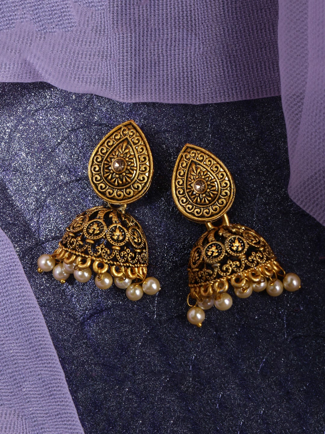 

Yellow Chimes Oxidised Gold-Plated Off-White Pearls Beaded Jhumkas Earrings