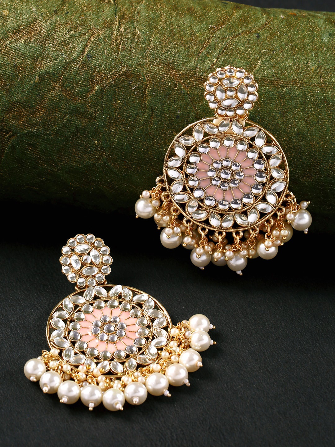 

Yellow Chimes Gold Plated Meenakari Kundan Studded Round Pearl moti Chandbali Earrings, White