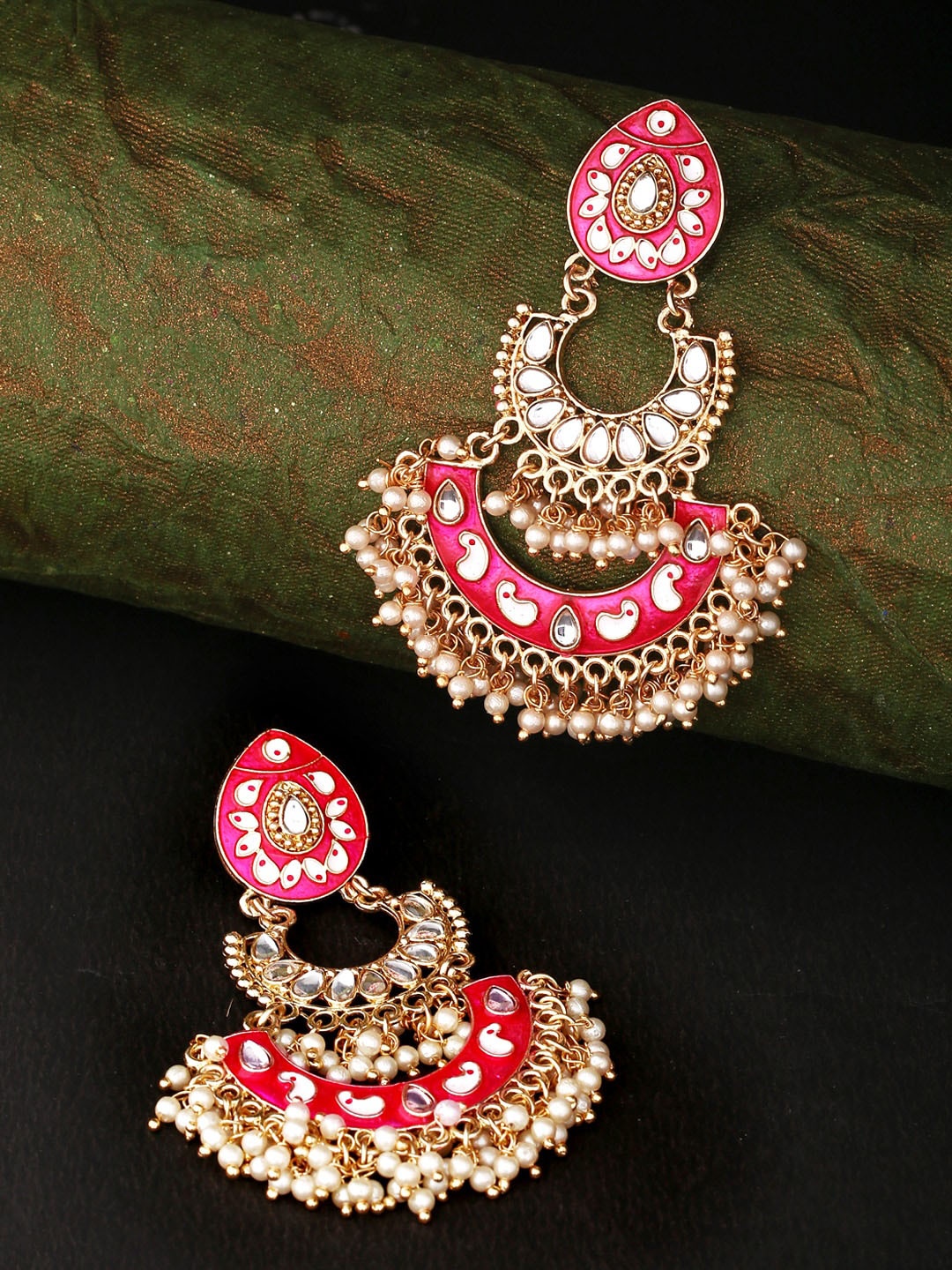 

Yellow Chimes Gold-Plated Pink & White Enamelled Kundan Studded Chandbalis Earrings