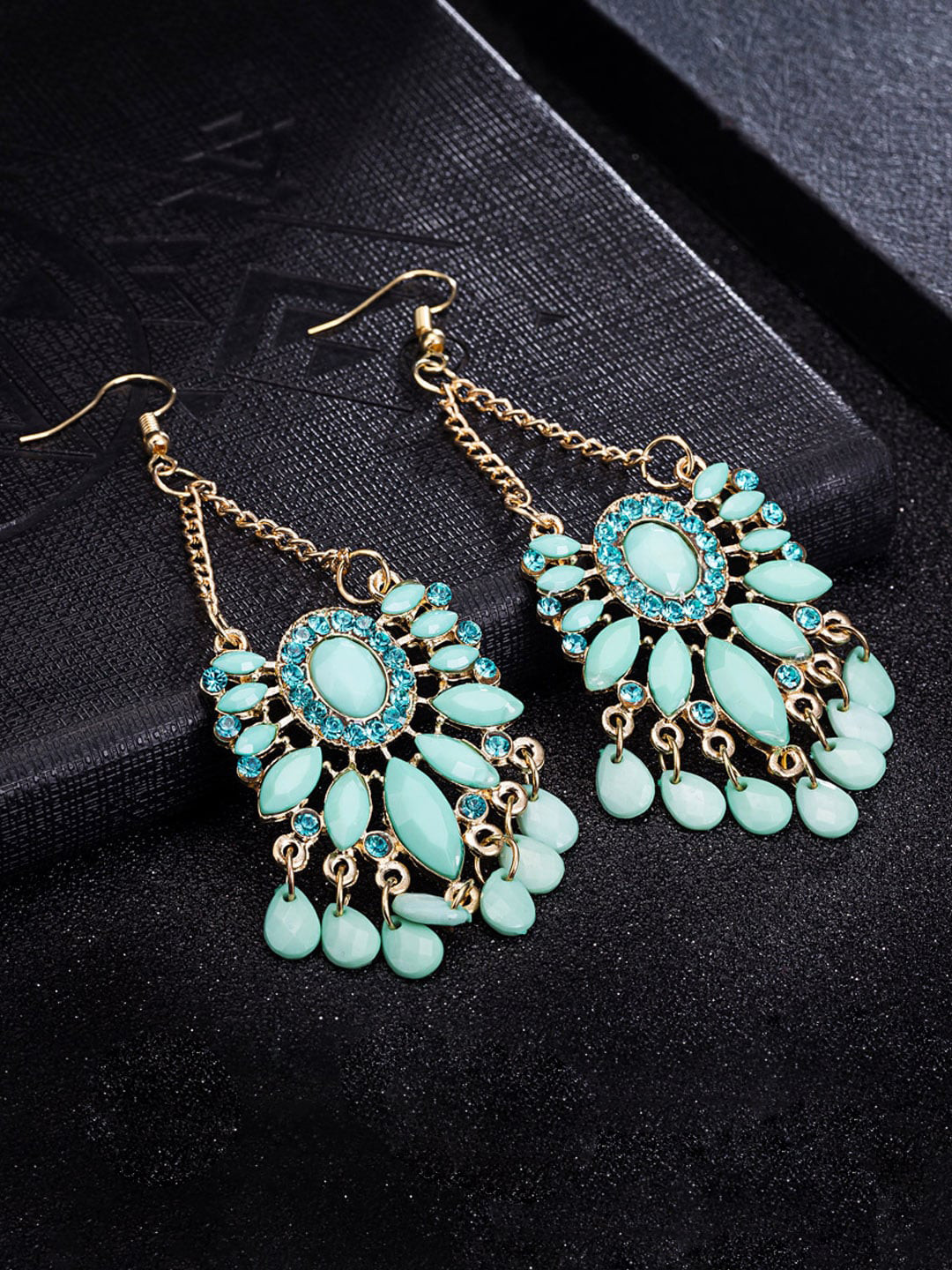 

Yellow Chimes Green Stone Studded Classic Drop Earrings